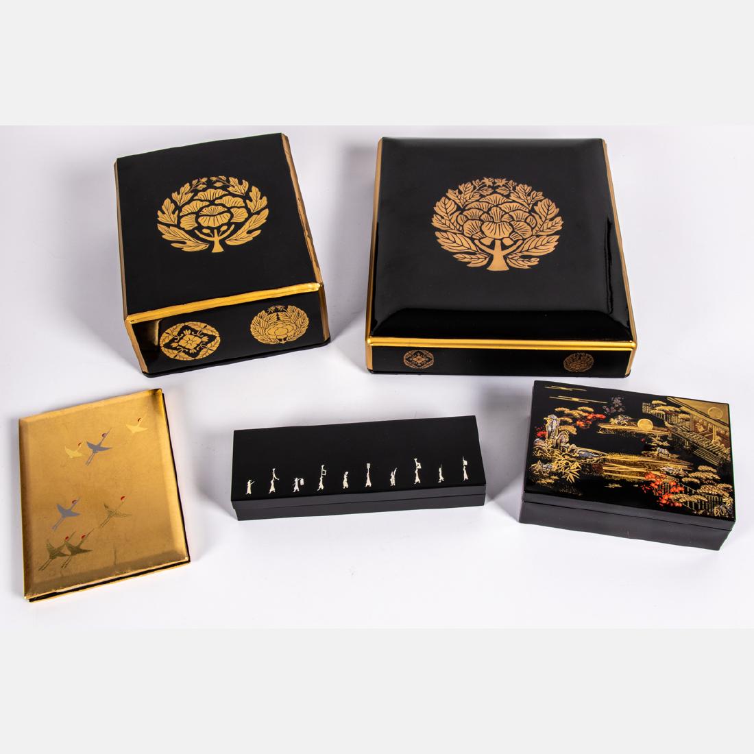 A Group of Five Asian Lacquered Boxes and Address Book,: A Group of Five Asian Lacquered Boxes and Address Book, 20th Century, Including two Japanese scripture boxes, a Yamanaka lacquered box, a Korean box with mother of pearl inlay and gilt lacquered addre