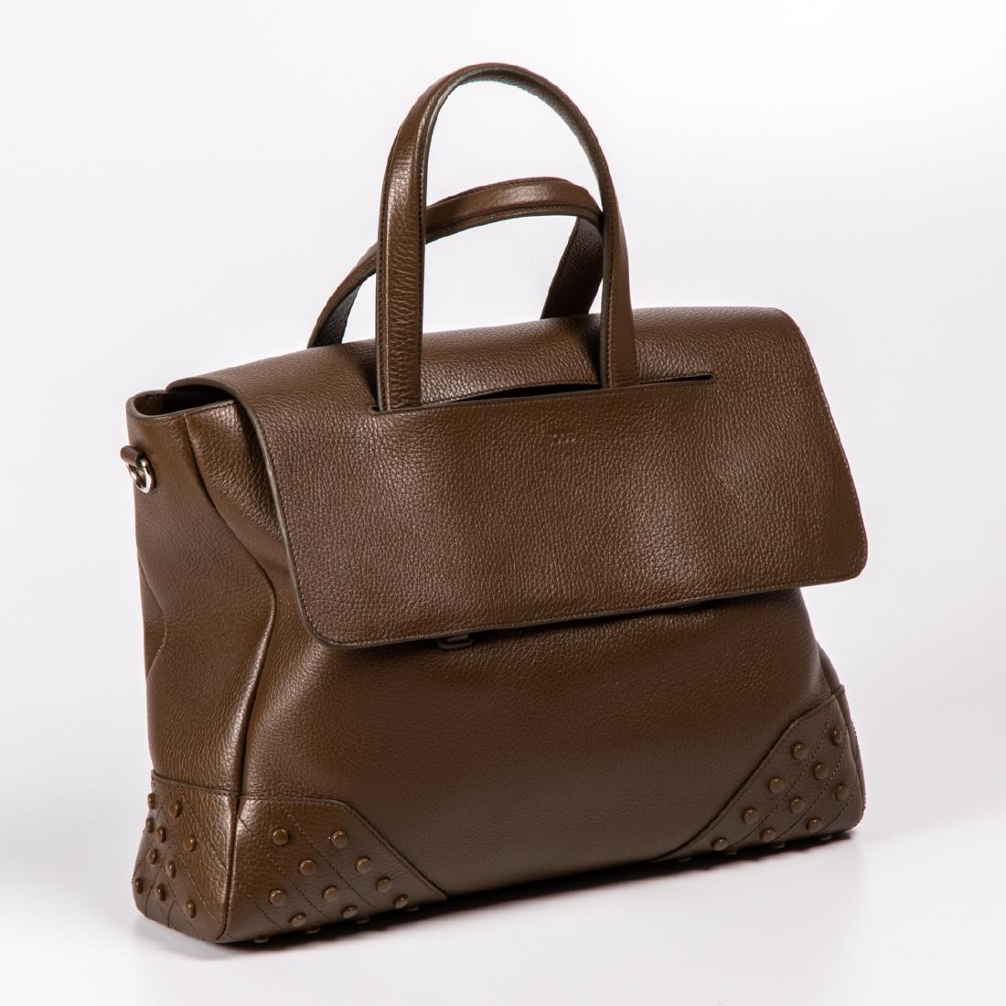 A Tod: A Tod's Brown Leather Envelope Bag, 20th Century, Having top handles, envelope style closure and extra strap. Medium size. H: 16 1/2 W: 15 1/2 D: 4 1/2 in.