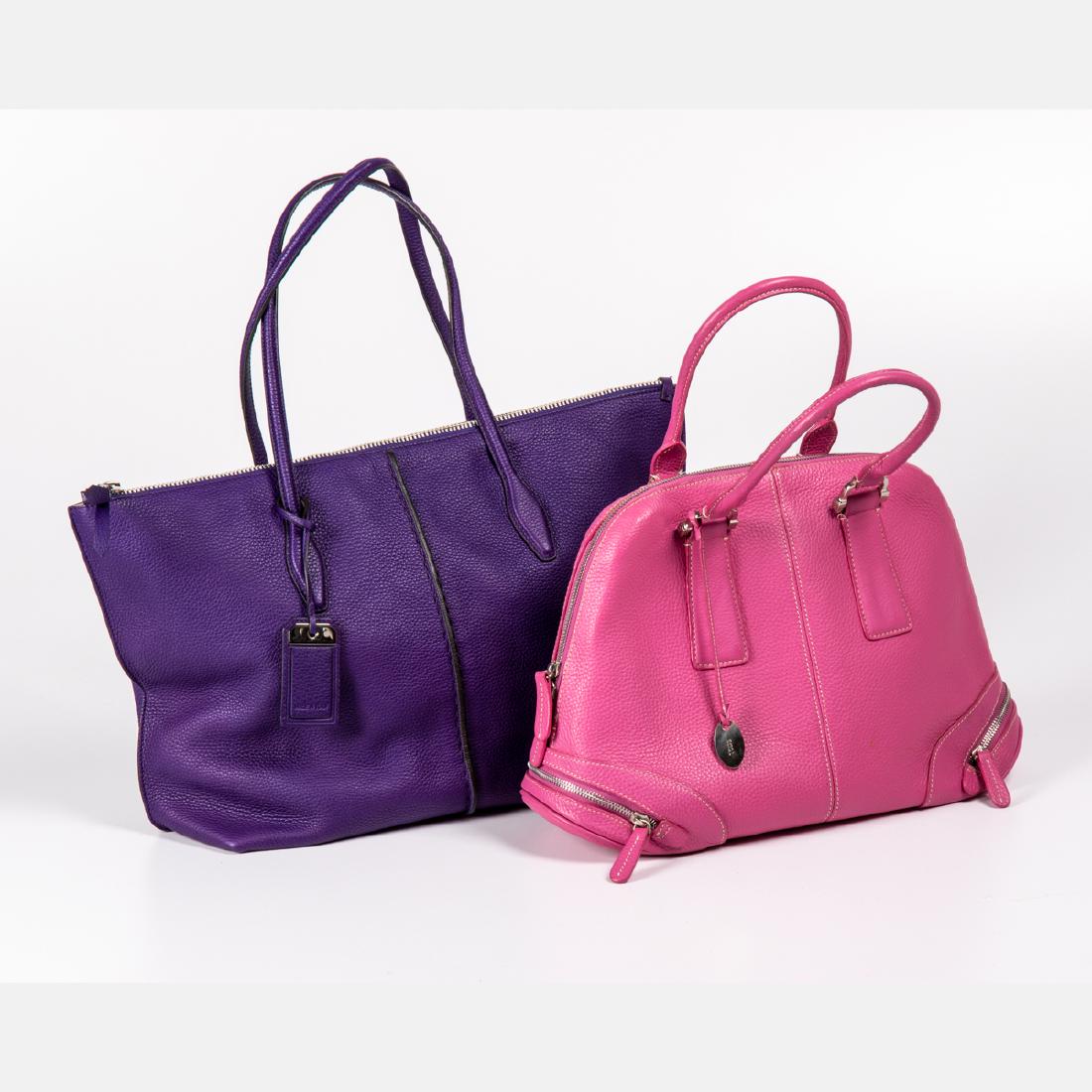 Two Tod: Two Tod's Bright Leather Handbags, 20th Century, Including a grape leather Joy's tote bag and a pink leather hobo bag. Largest dimensions: h: 12 x w: 22 x d: 5 1/4 in.