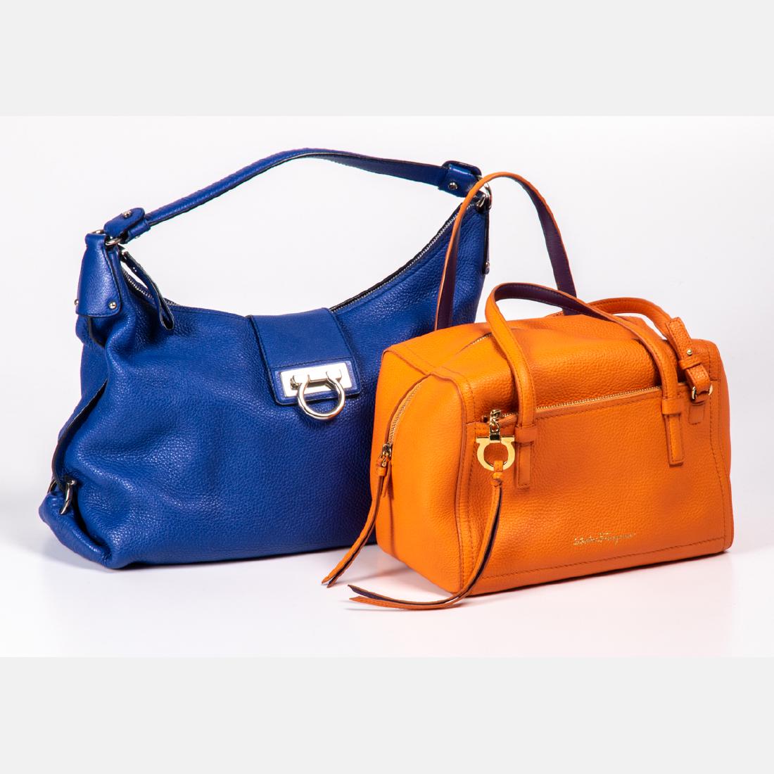 Two Salvatore Ferragamo Bright Leather Handbags, 20th: Two Salvatore Ferragamo Bright Leather Handbags, 20th Century, Including an orange leather Addy satchel and a blue leather Fanisa Gancini Hobo bag. Small to medium in size. Largest dimensions: h: 10 x