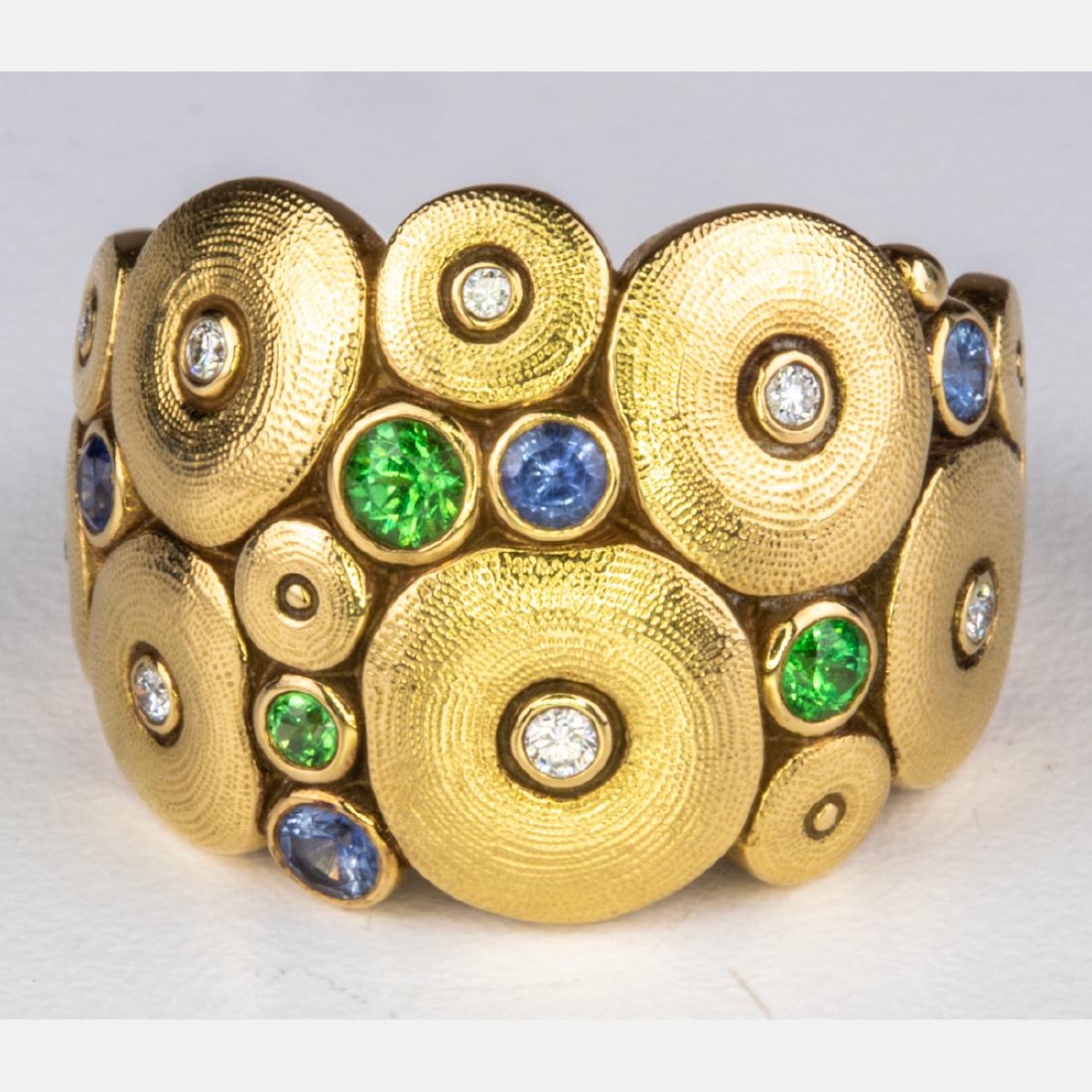 An Alex Sepkus 18kt. Yellow Gold 'Orchard' Dome Ring,: An Alex Sepkus 18kt. Yellow Gold 'Orchard' Dome Ring, Set with three round cut Tsavorite stones each approx. 0.02-0.10pts., three round cut sapphires each approx. 0.03-0.05pts. and six round cut diamo