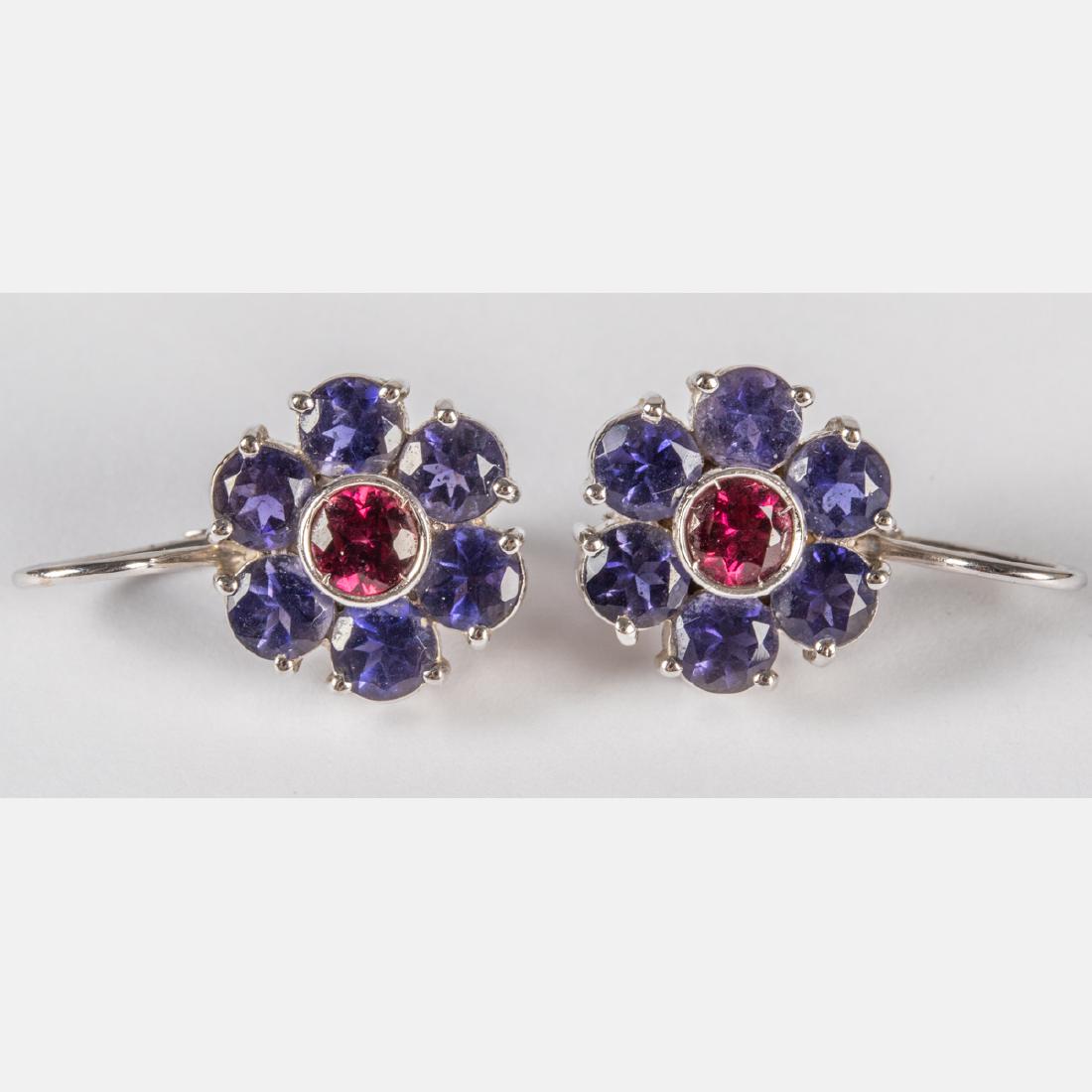 A Pair of 18kt. White Gold, Pink Tourmaline and Purple: A Pair of 18kt. White Gold, Pink Tourmaline and Purple Iolite Earrings, Each stone approx. 0.22pts. Marked Pasqual Bruni, 750. Total approx. weight: 5.8 dwt. Please note no credit card payments for fi