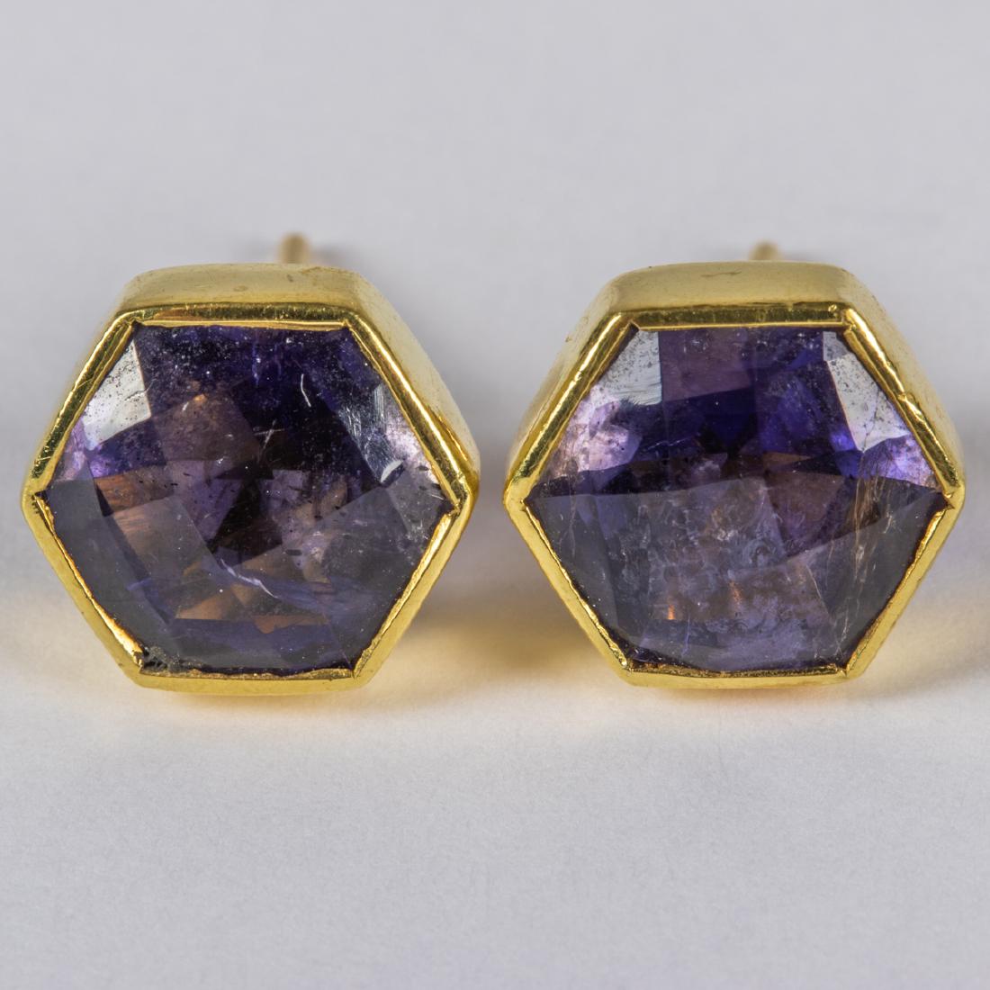 A Pair of 18kt. Yellow Gold and Iolite Earrings,: A Pair of 18kt. Yellow Gold and Iolite Earrings, Each set with one faceted cut iolite, approx. 2.25ct. Total approx. weight: 3 dwt. Please note no credit card payments for first time buyers and seven