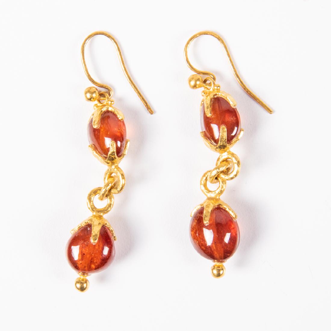 A Pair of 18kt. Yellow Gold and Amber Earrings,: A Pair of 18kt. Yellow Gold and Amber Earrings, Marked illegibly. Total approx. weight: 10.5 dwt. Please note no credit card payments for first time buyers and seven business day hold on all checks.
