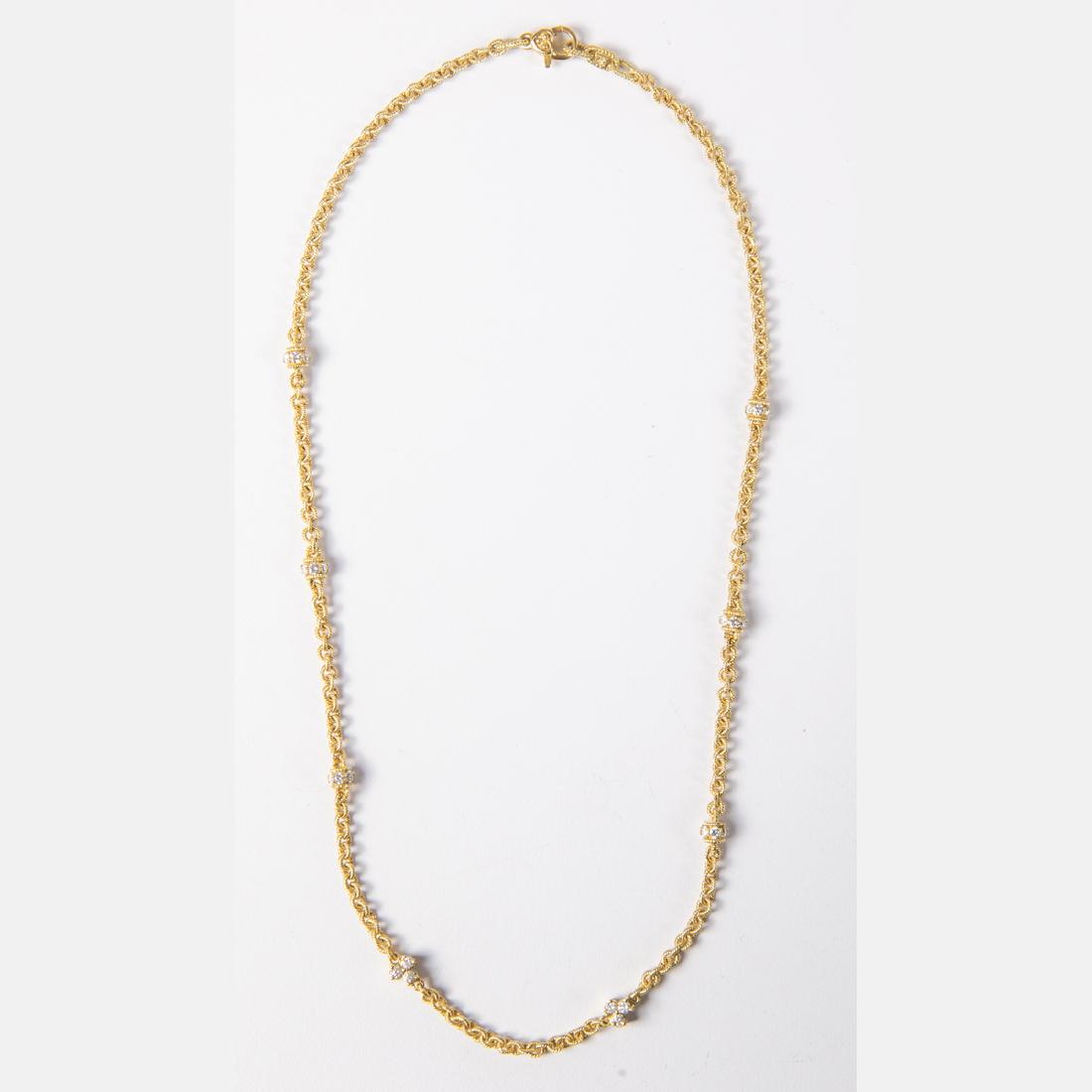 A Judith Ripka 18kt. Yellow Gold and Diamond Necklace,: A Judith Ripka 18kt. Yellow Gold and Diamond Necklace, Set with forty-eight round brilliant cut diamonds, each approx. 0.08pts. Marked JR, 18k. Total approx. weight: 12.4 dwt. Please note no credit ca