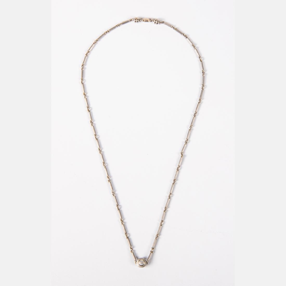 A Paloma Picasso for Tiffany & Co. 18kt. White Gold,: A Paloma Picasso for Tiffany & Co. 18kt. White Gold, Diamond and Amethyst Necklace, Set with one round brilliant cut diamond, approx. 0.12pts. Also set with one round cut amethyst, approx. 0.12pts. Ma
