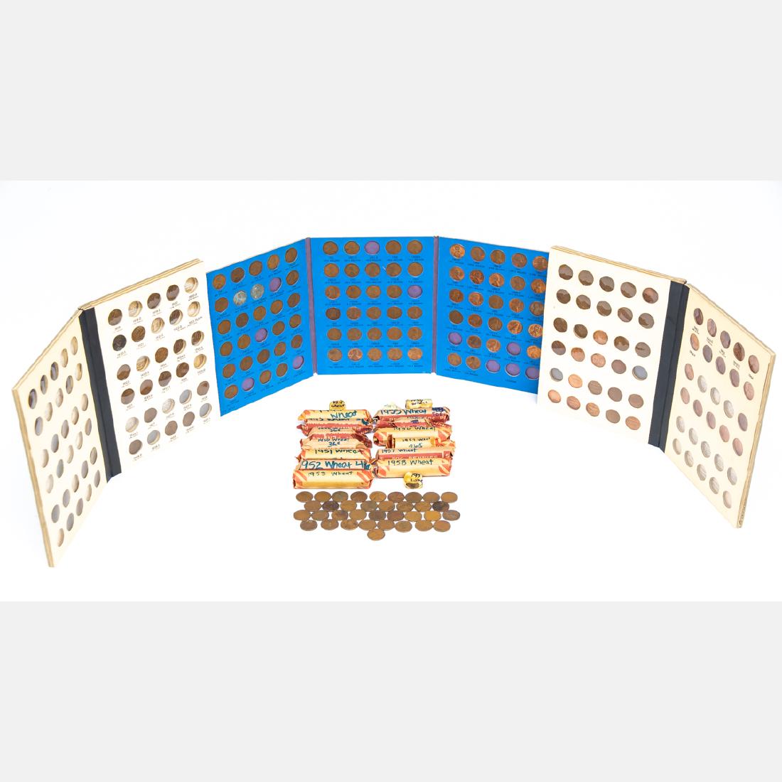 A Miscellaneous Collection of US Wheat Pennies,: A Miscellaneous Collection of US Wheat Pennies, Circulated, 1942-1958, Together with three incomplete folio sets, including: 'Lincoln Cent, Collectiono 1941 to 1974, Number Two', 'Library of Coins: Li