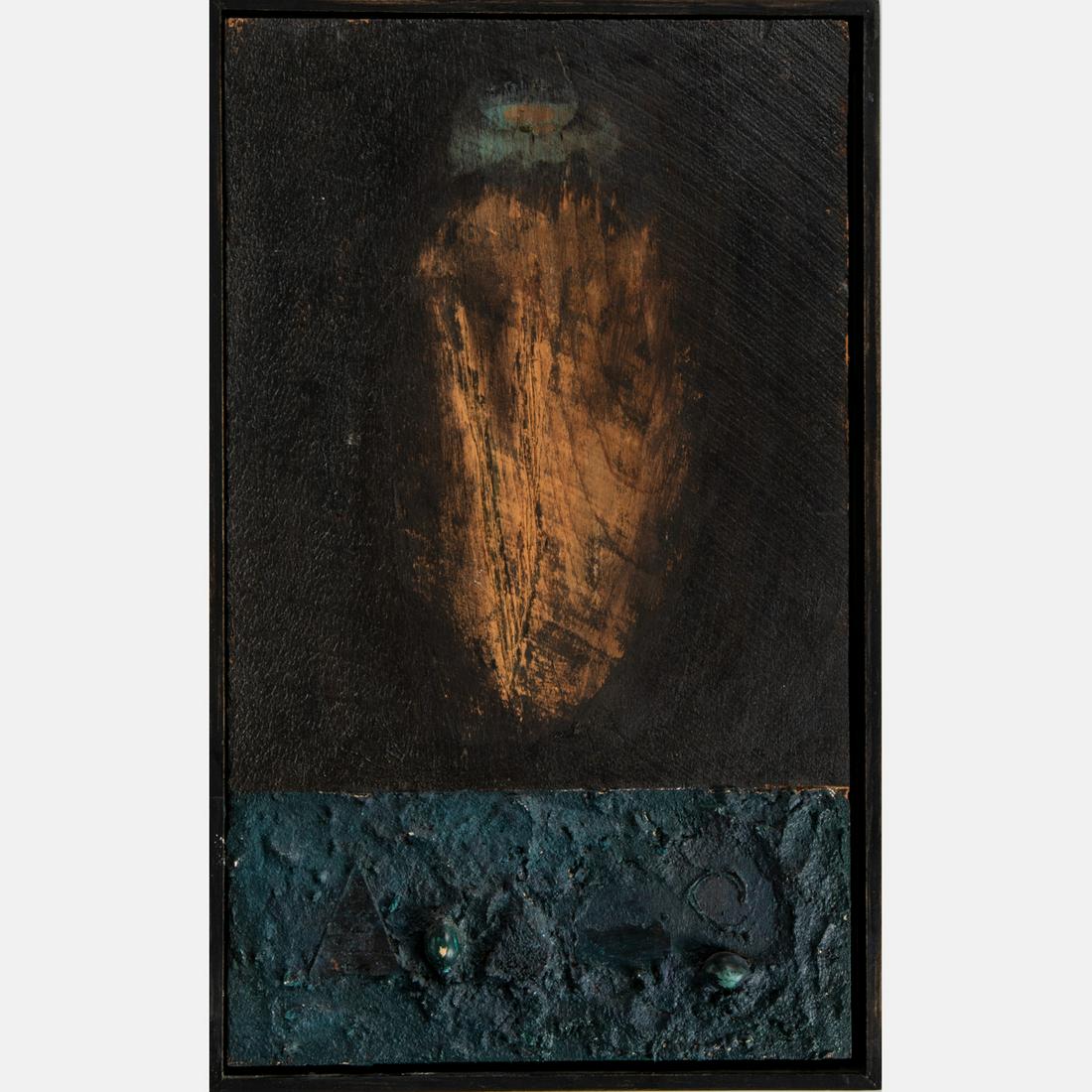 Susan E. Squires (American, 20th Century) Dark Earth,: Susan E. Squires (American, 20th Century) Dark Earth, Mixed media on wood, Signed and titled on verso. Framed dimensions: h: 17 3/4 x w: 11 in. H: 16 7/8 W: 10 1/8 in.