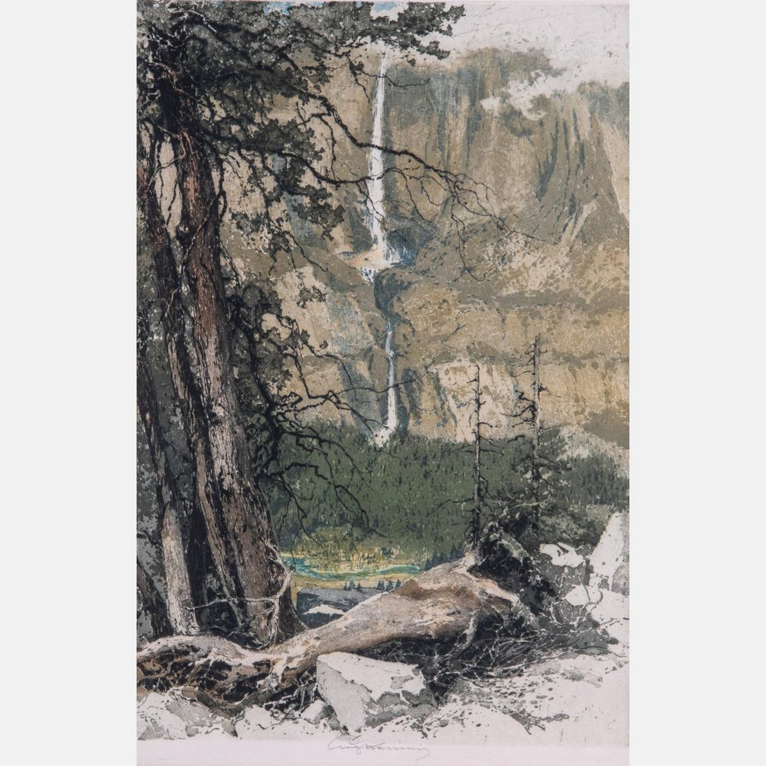Luigi Kasimir (Austrian, 1881-1962) Yosemite Falls,: Luigi Kasimir (Austrian, 1881-1962) Yosemite Falls, Color etching, Signed lower middle margin in pencil. Framed dimensions: h: 26 1/8 x w: 19 7/8 in. H: 17 1/2 W: 11 5/8 in.