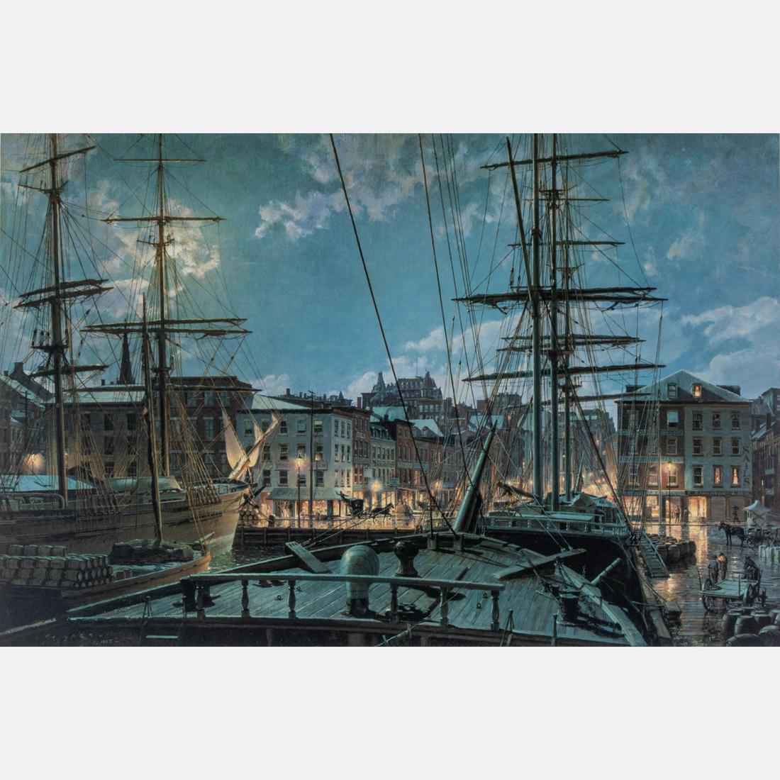 John Stobart (American, b. 1929) New York, Maiden Lane: John Stobart (American, b. 1929) New York, Maiden Lane by Gaslight a Ship at Pier 19 in 1882, Color lithograph, Signed and numbered 257/1500 lower right in pencil. On plexiglass: dedicated 'To Jim and