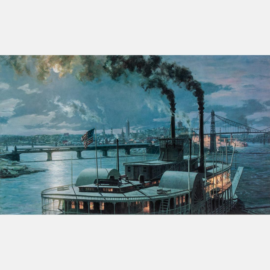 John Stobart (American, b. 1929) Pittsburgh, the: John Stobart (American, b. 1929) Pittsburgh, the Side-Wheel Steamer 'Dean Adams' arriving at the Point, 1880, Color lithograph, Signed and numbered 762/950 in pencil lower right. Framed dimensions: h:
