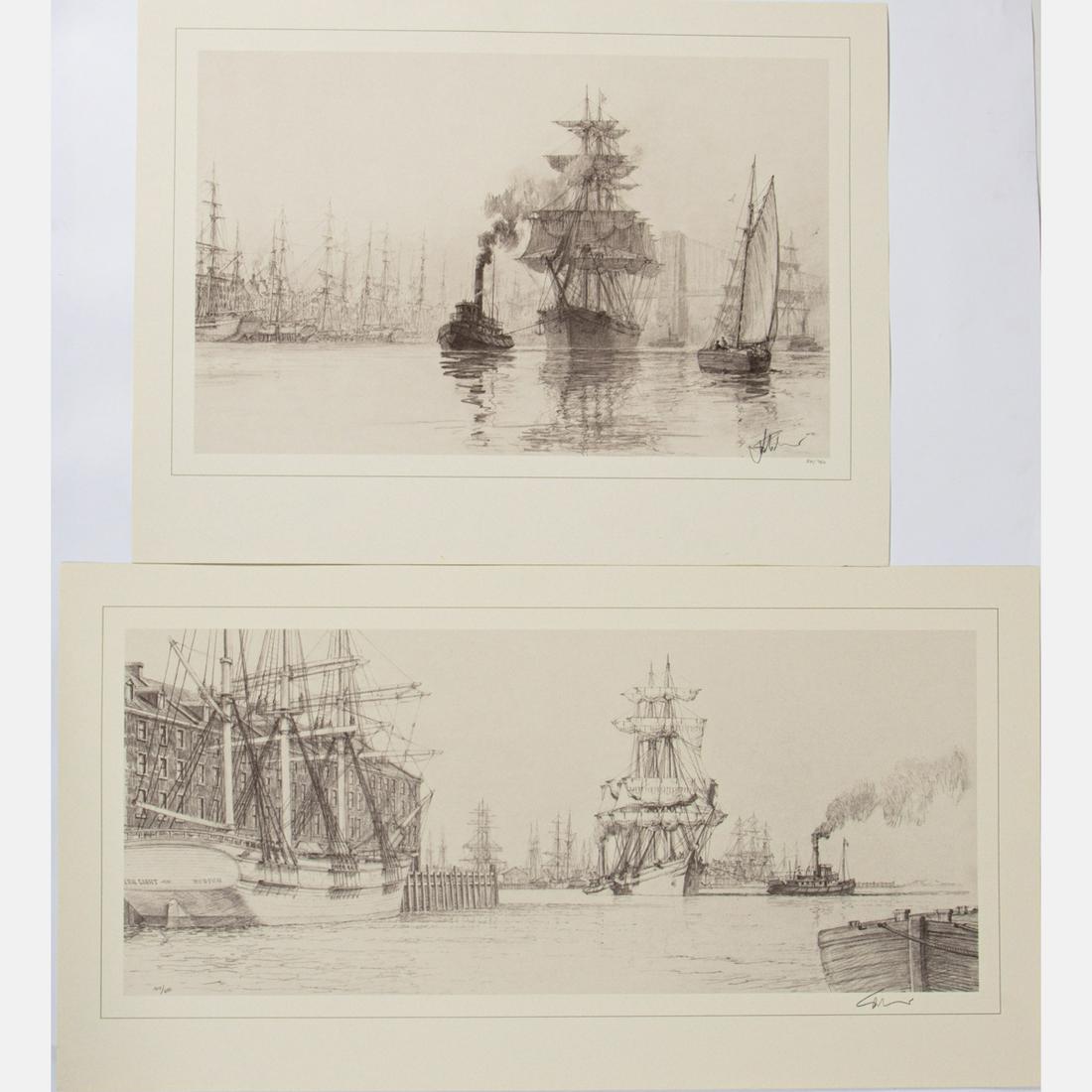 John Stobart (American, b. 1929) Two Harbor Scene with: John Stobart (American, b. 1929) Two Harbor Scene with Ships, Lithographs, Both signed lower right in pencil. One numbered 20/750 lower right and the other 164/600 lower left in pencil. Both unframed.