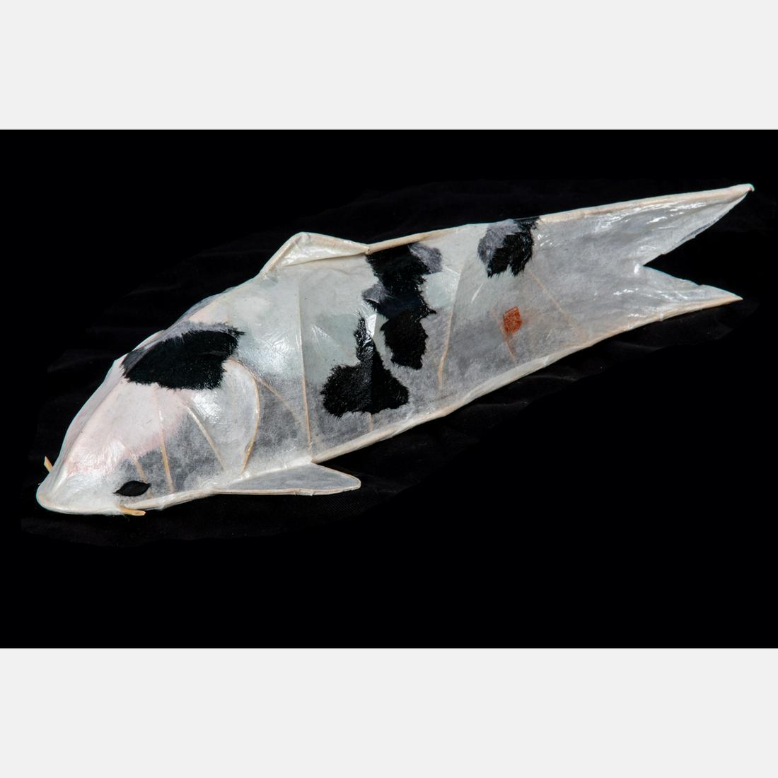 A Japanese Painted Papier Mache Koi Fish, 20th Century,: A Japanese Painted Papier Mache Koi Fish, 20th Century, Having interior bamboo structure with red seal stamped to lower end. H: 4 W: 14 1/2 D: 6 3/8 in.
