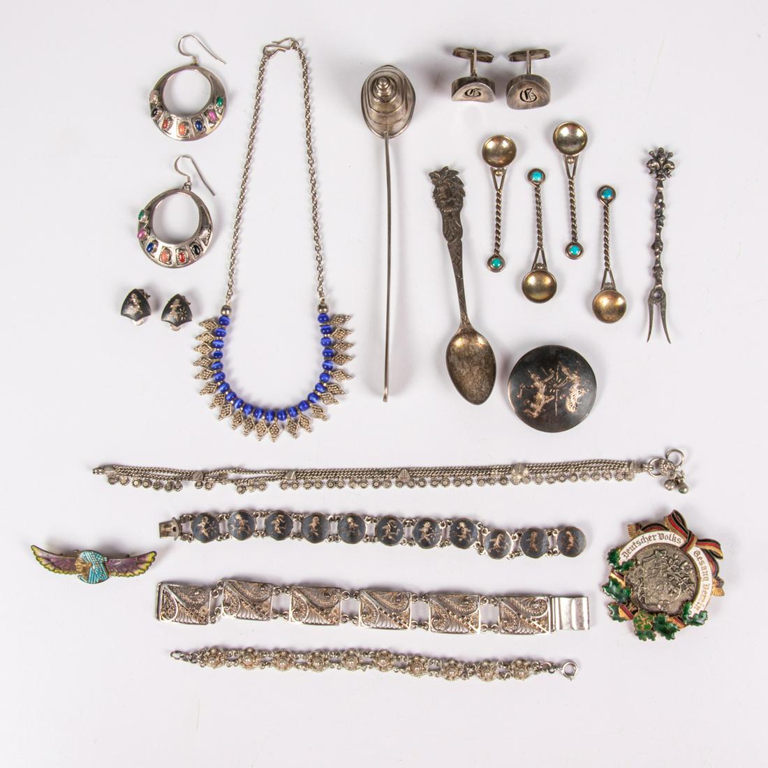 A Collection of Silver, Sterling Silver and Enameled: A Collection of Silver, Sterling Silver and Enameled Jewelry, Spoons and Candle Snuff. Total weight of weighable silver: 3.5 ozt. Please note no credit card payments for first time buyers and seven bu