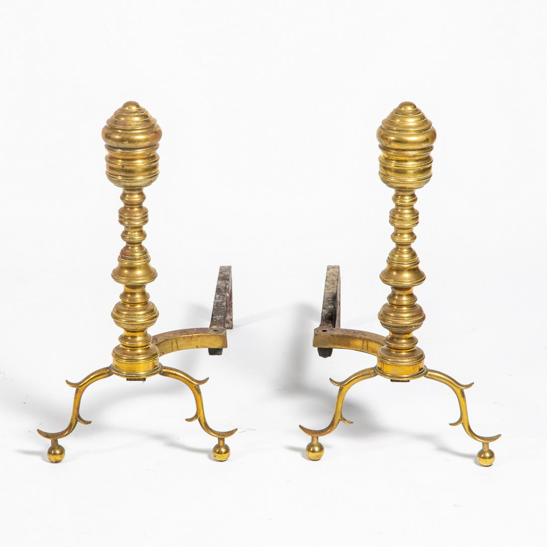 A Pair of Federal Style Brass Andirons, 19th Century.: A Pair of Federal Style Brass Andirons, 19th Century. H: 20 5/8 W: 11 1/8 D: 24 in.