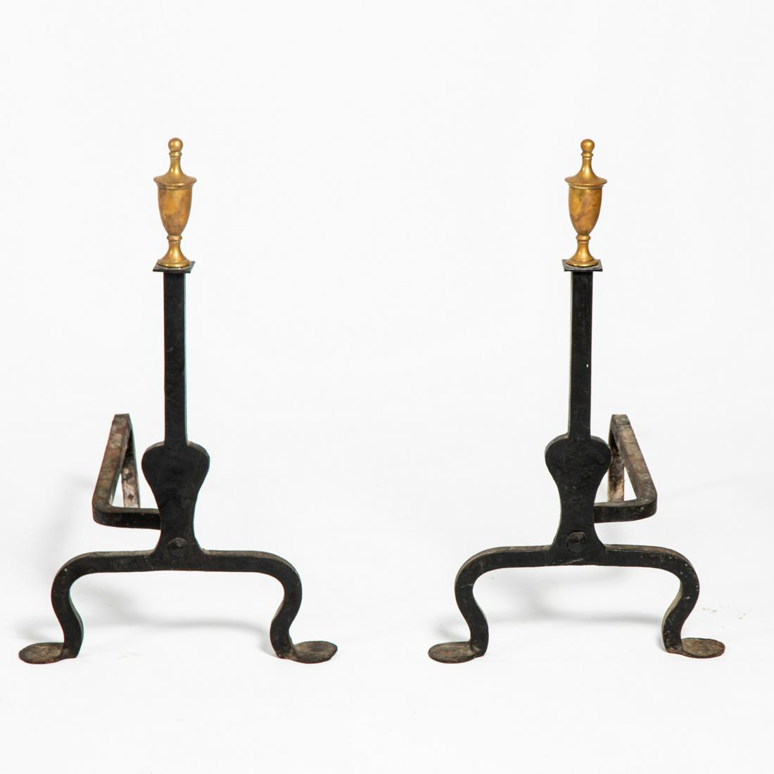 A Pair of Federal Brass and Wrought Iron Penny Feet: A Pair of Federal Brass and Wrought Iron Penny Feet Andirons, 19th Century. H: 22 1/2 W: 12 1/2 D: 18 1/2 in.