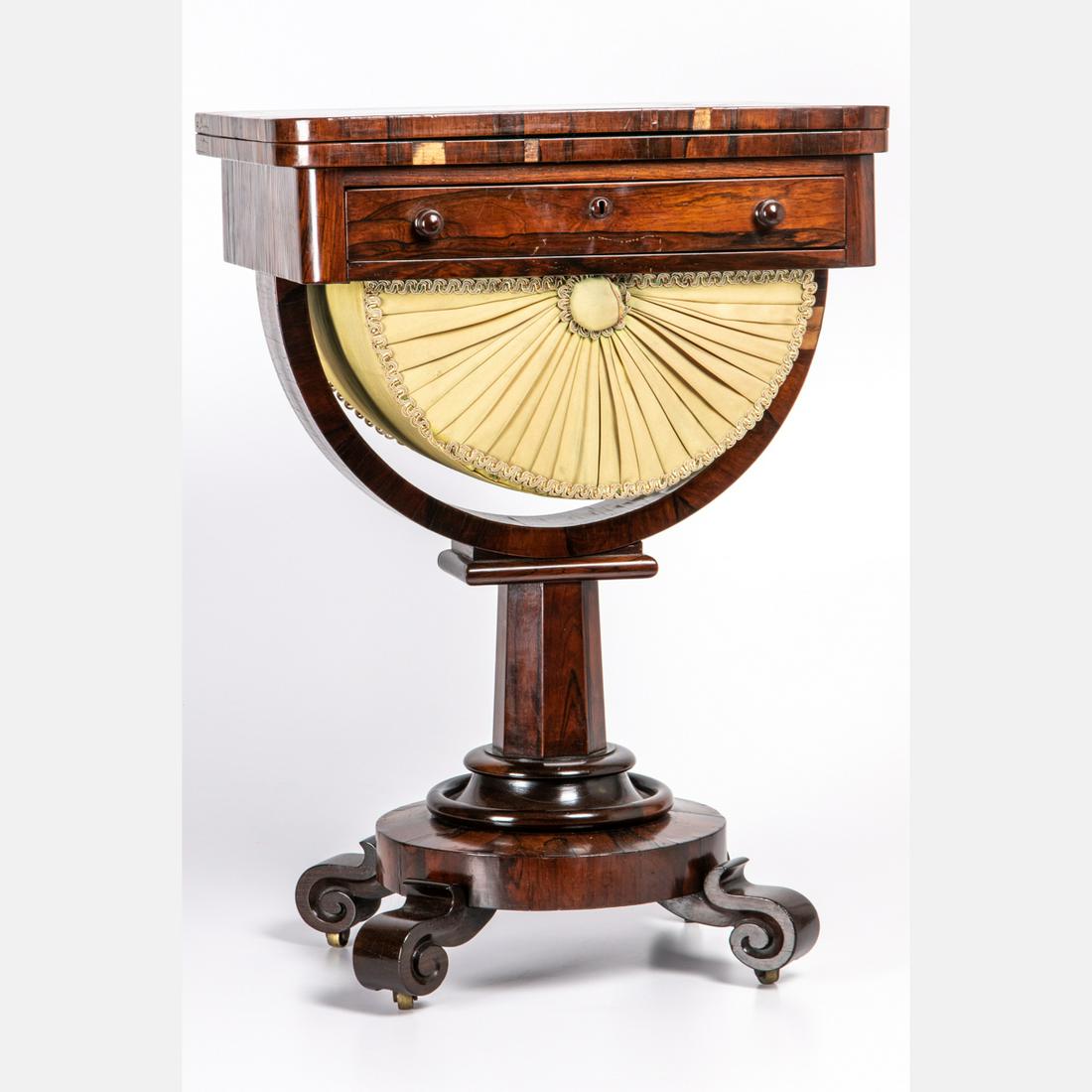 An Empire Rosewood Veneer Work Table, 19th Century.: An Empire Rosewood Veneer Work Table, 19th Century. H: 28 3/4 W: 20 D: 14 in.