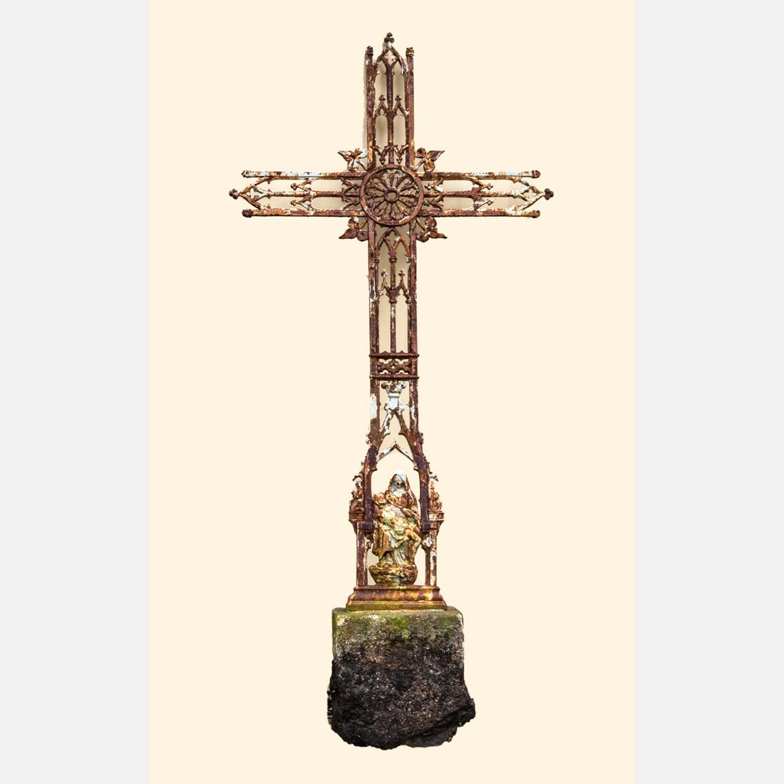 A Large Gothic Cast Iron Cross Statue, 20th Century.: A Large Gothic Cast Iron Cross Statue, 20th Century. H: 79 3/4 W: 36 1/2 D: 5 in.