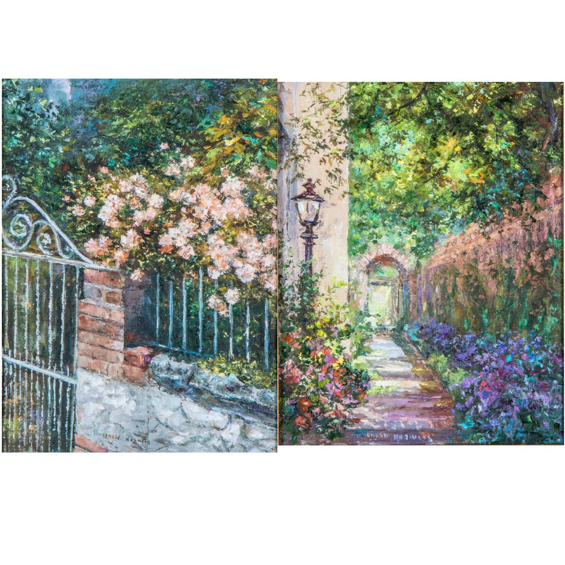 Theresa Knowles (American, 1918-2008) 'Brick Walkway': Theresa Knowles (American, 1918-2008) 'Brick Walkway' and 'Wrought Iron Fence and Brick Path', Two oil on canvas, H: 8 W: 10 in.