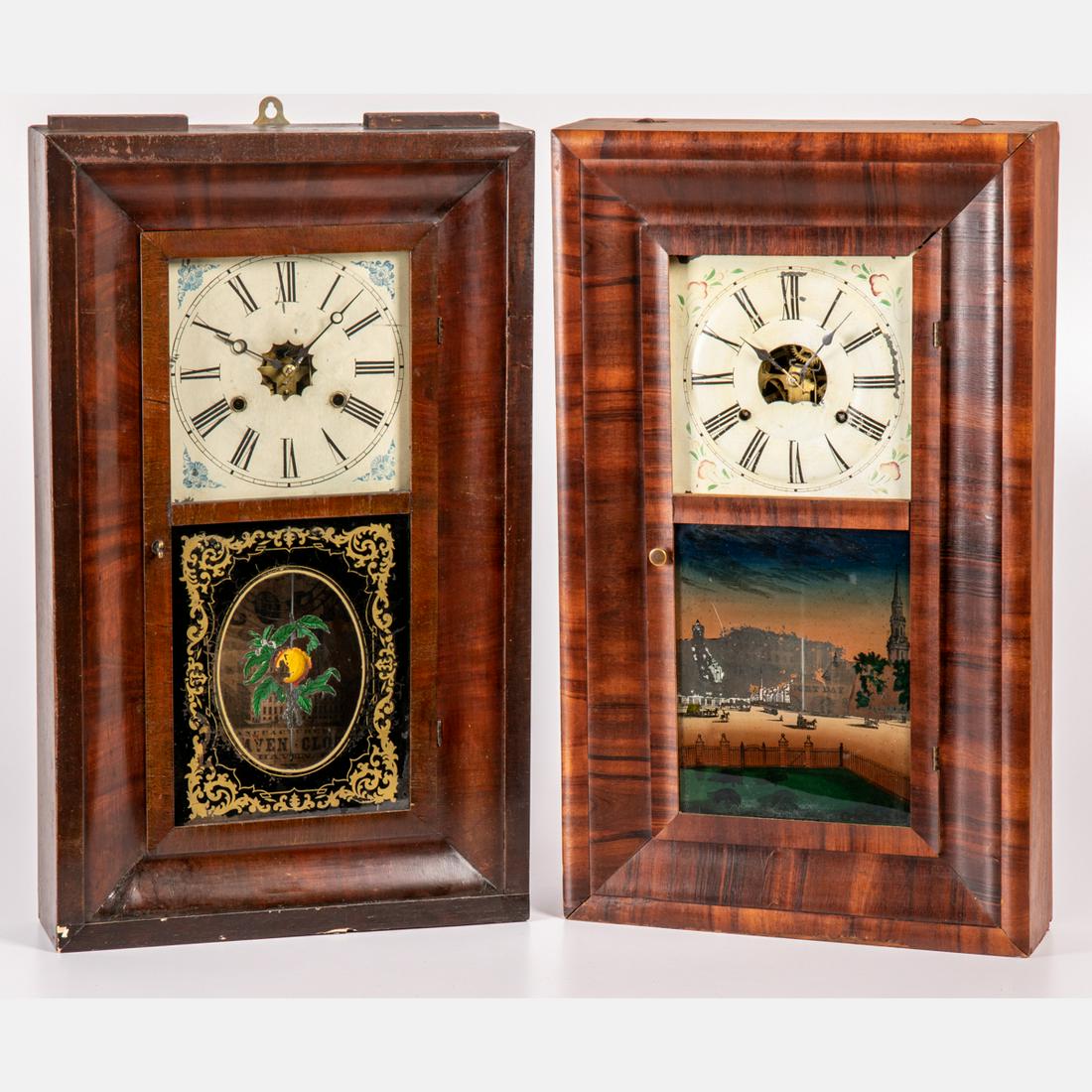 Two Rosewood Veneer Ogee Clocks by New Haven and: Two Rosewood Veneer Ogee Clocks by New Haven and Chauncey Jerome, 20th Century, Both not in working order. Largest dimensions: h: 26 x w: 15 1/4 x d: 4 in.
