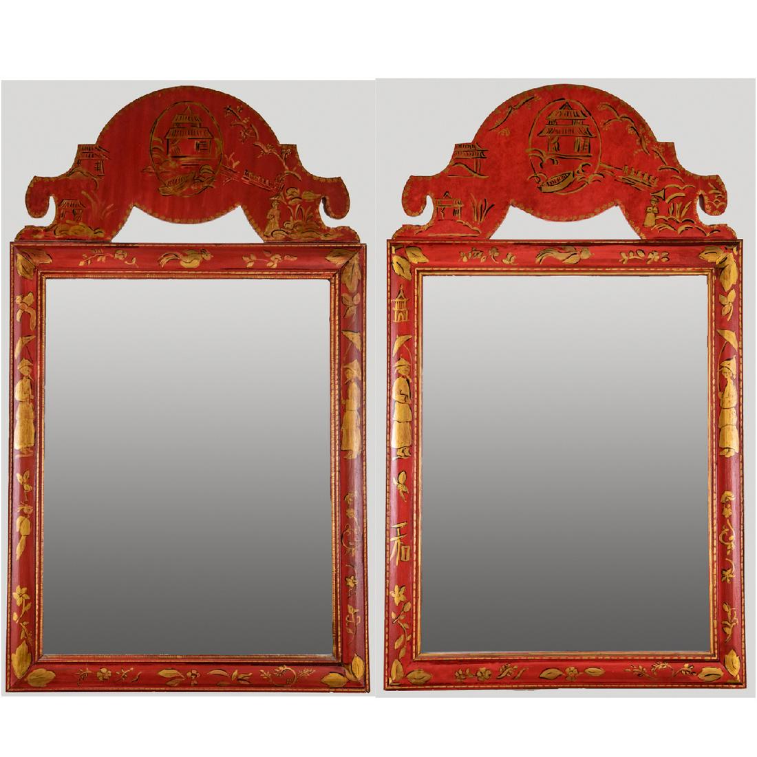 A Pair of Chinoiserie Hand Painted Mirrors, 20th: A Pair of Chinoiserie Hand Painted Mirrors, 20th Century. H: 47 1/2 W: 28 in.