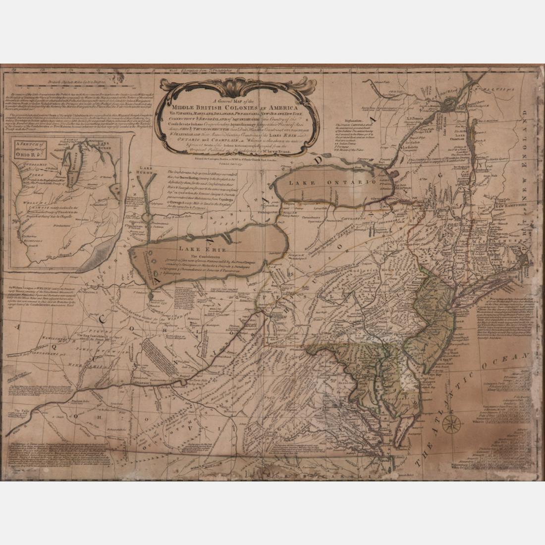 Evans, Lewis (ca. 1900-1756). 'A General Map of The: Evans, Lewis (ca. 1900-1756). 'A General Map of The Middle British Colonies...', Printed in London, 1771, Engraved and hand colored, Thomas Jeffery's edition. Framed dimensions: h: 27 x w: 20 7/8 in.