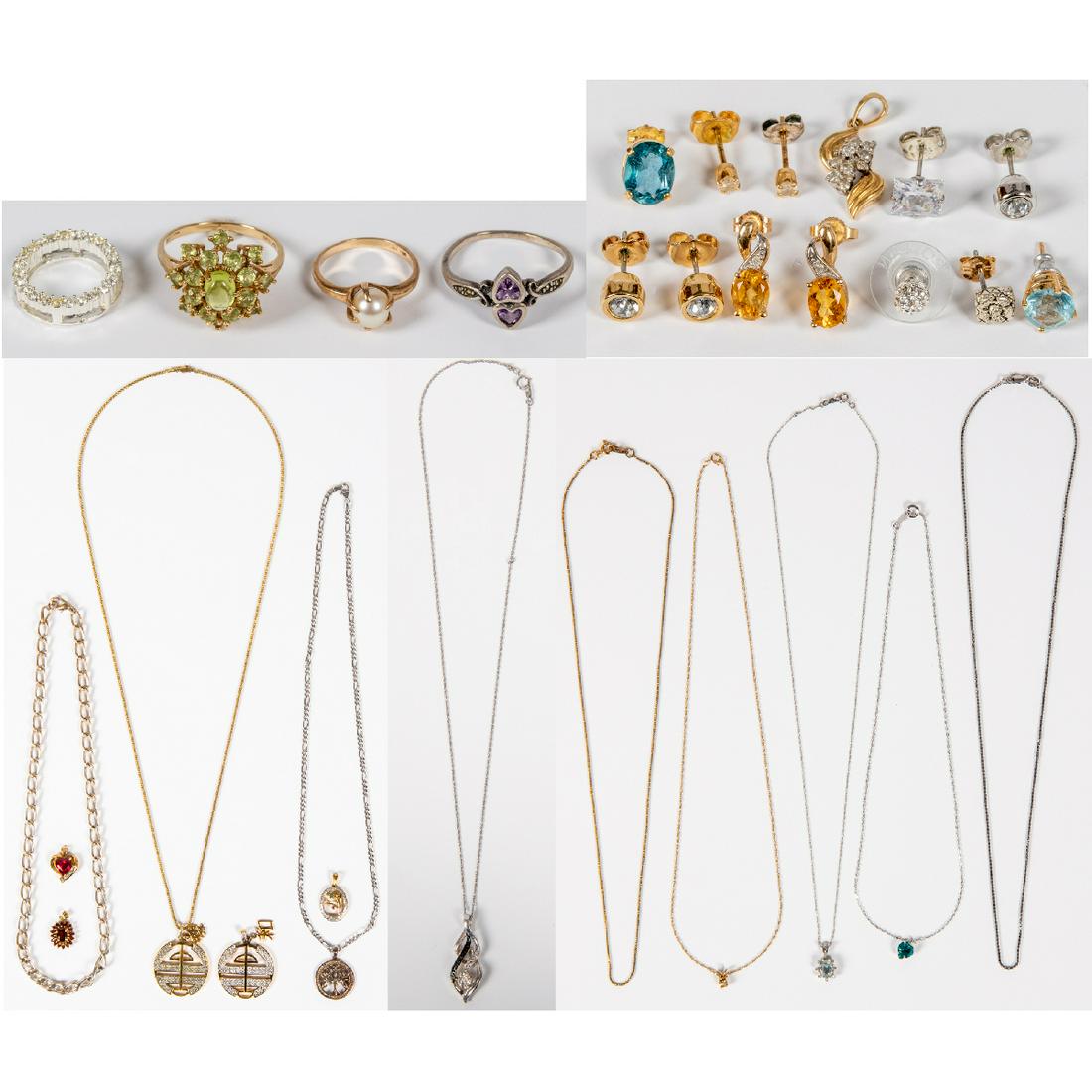 A Miscellaneous Collection of Low Karat Gold and Silver: A Miscellaneous Collection of Low Karat Gold and Silver Costume Jewelry. Please note no credit card payments for first time buyers and seven business day hold on all checks.