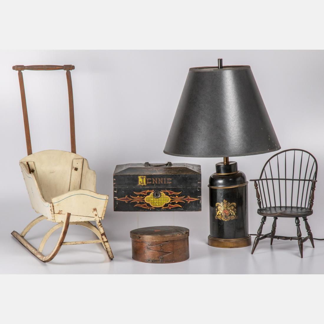 A Collection of Carved and Painted Hardwood Decorative: A Collection of Carved and Painted Hardwood Decorative Items, 19th/20th Century, Together with a tea canister form table lamp. Largest dimensions: h: 25 in.