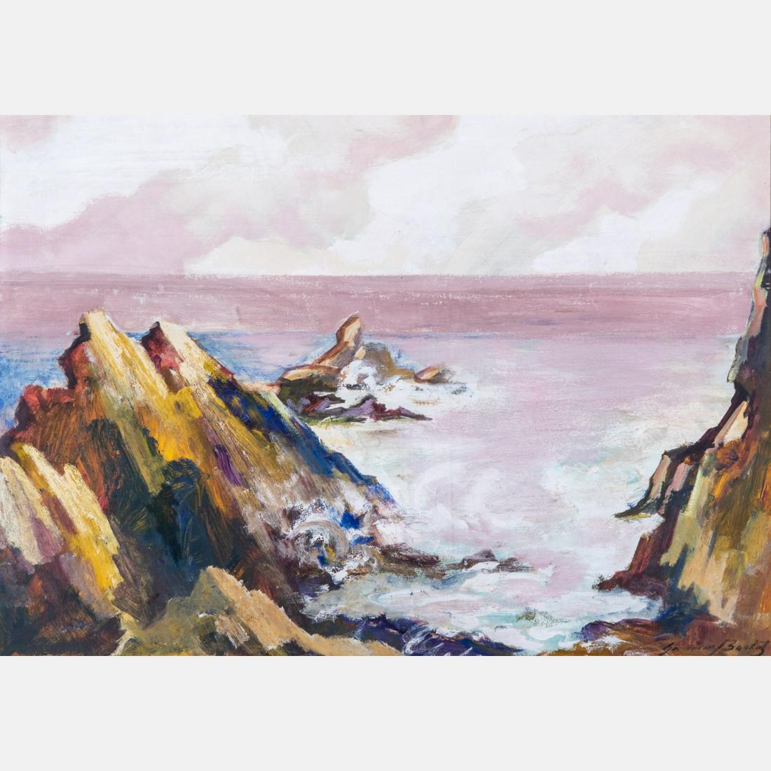 Samuel Bookatz (American, 1910-2009) Rocky Coastal: Samuel Bookatz (American, 1910-2009) Rocky Coastal Scene, Gouache on paper, Signed lower right. Framed dimensions: h: 27 5/8 x w: 36 7/8 in. H: 26 W: 35 1/8 in.