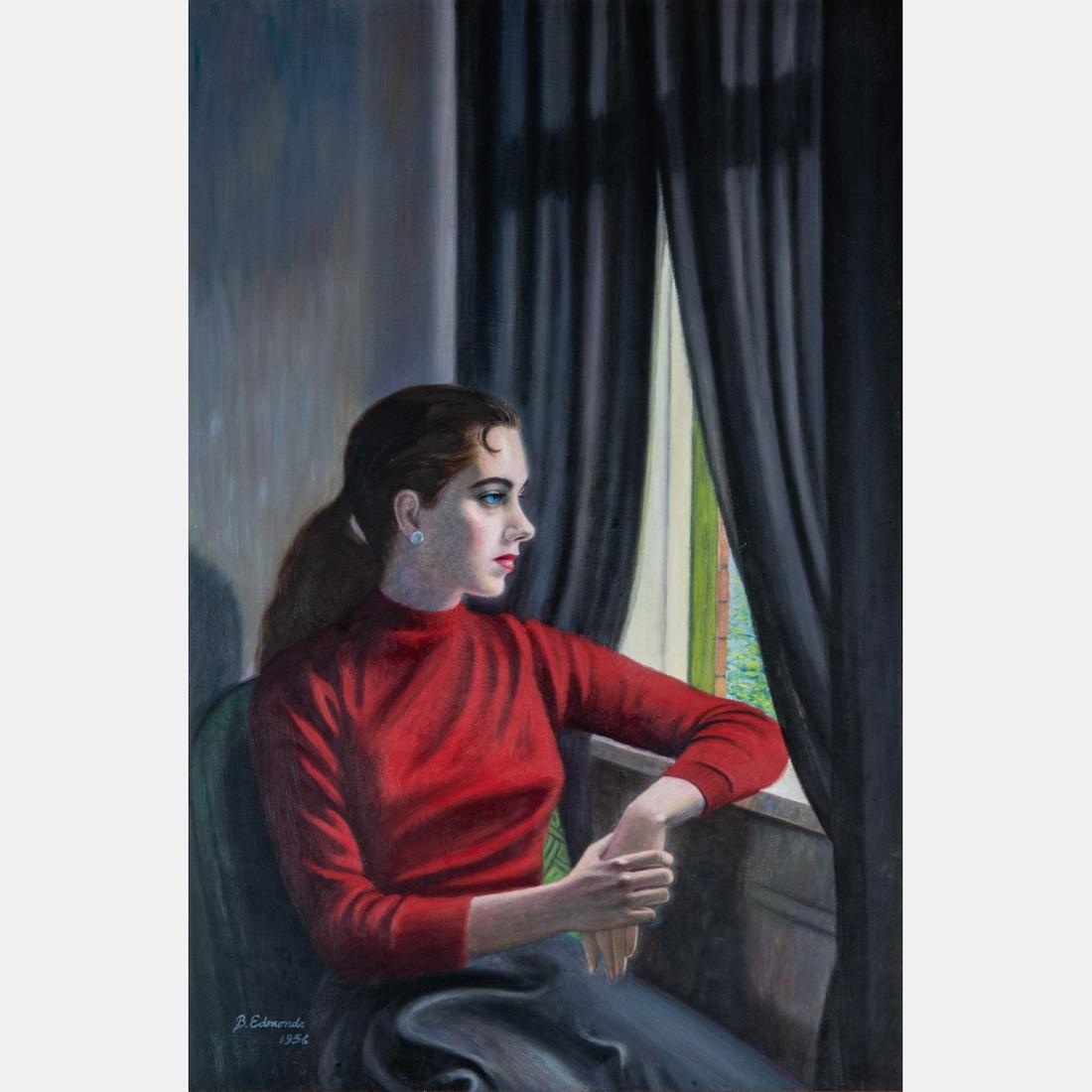B. Edmonds (20th Century) Seated Woman Gazing out the: B. Edmonds (20th Century) Seated Woman Gazing out the Window, Oil on masonite, Signed and dated 1956 lower left. Framed dimensions: h: 42 1/2 x w: 30 in. H: 36 W: 24 in.
