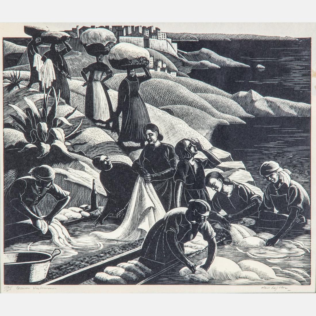 Clare Leighton (English, 1898-1989) Corsican: Clare Leighton (English, 1898-1989) Corsican Washerwomen, Woodcut, Edition 134 / 215. Framed dimensions: h: 19 1/4 x w: 23 in. H: 9 W: 10 1/4 in.
