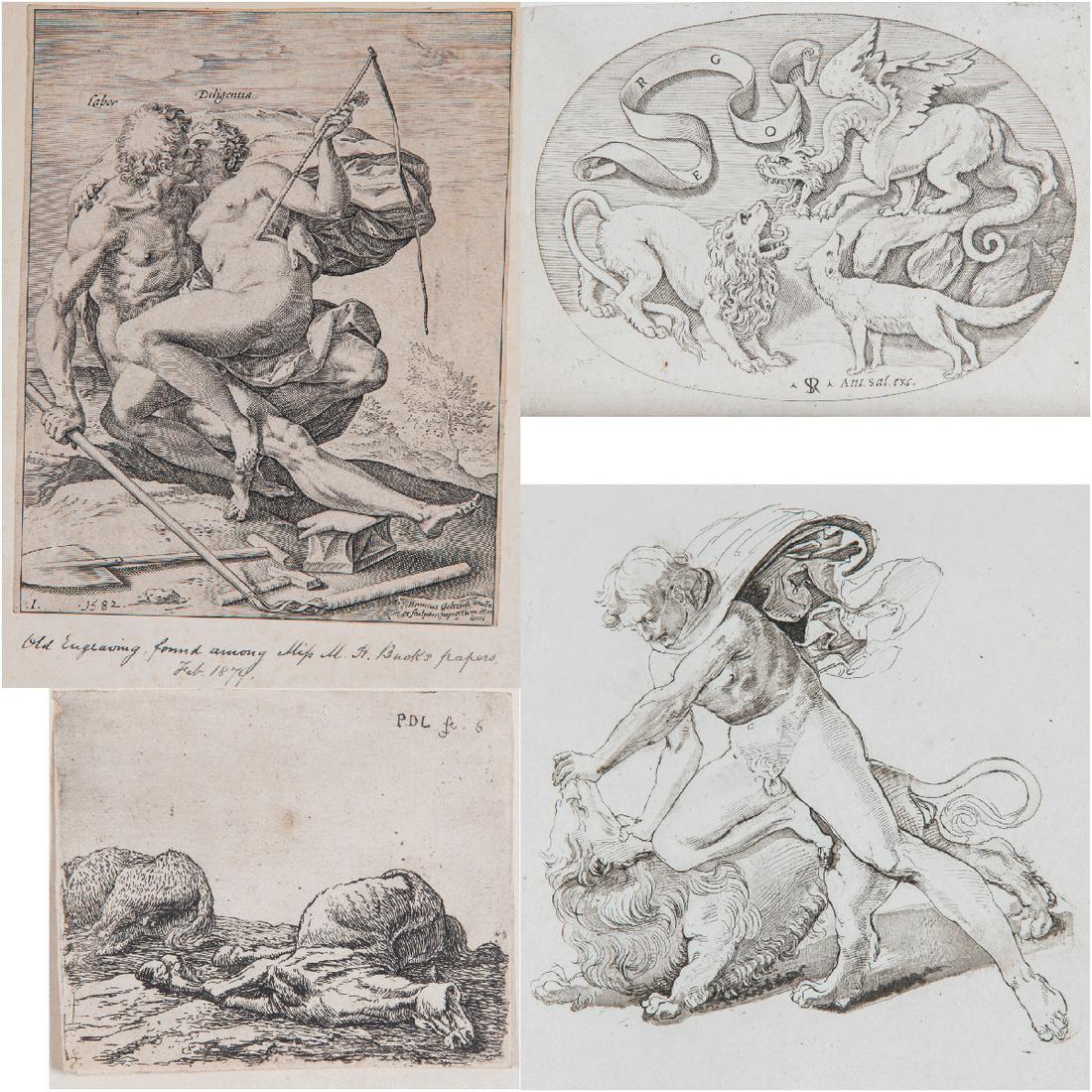 A Group of Four Old Master Prints by Various Artists,: A Group of Four Old Master Prints by Various Artists, Including pieces by Marco Dente da Ravenna (1486/1500-1527), Hendrick Goldzius (1558-1617) and Pieter Jacobsz van Laer (1599-1642). Largest dimens