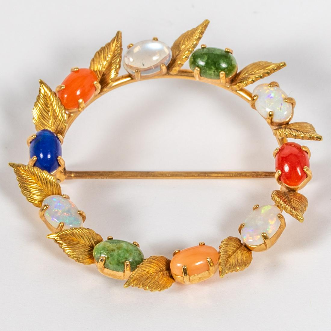 A 14kt. Yellow Gold and Colored Stone Brooch,: A 14kt. Yellow Gold and Colored Stone Brooch, Set with an opal, carnelian, lapis and quartz stones.