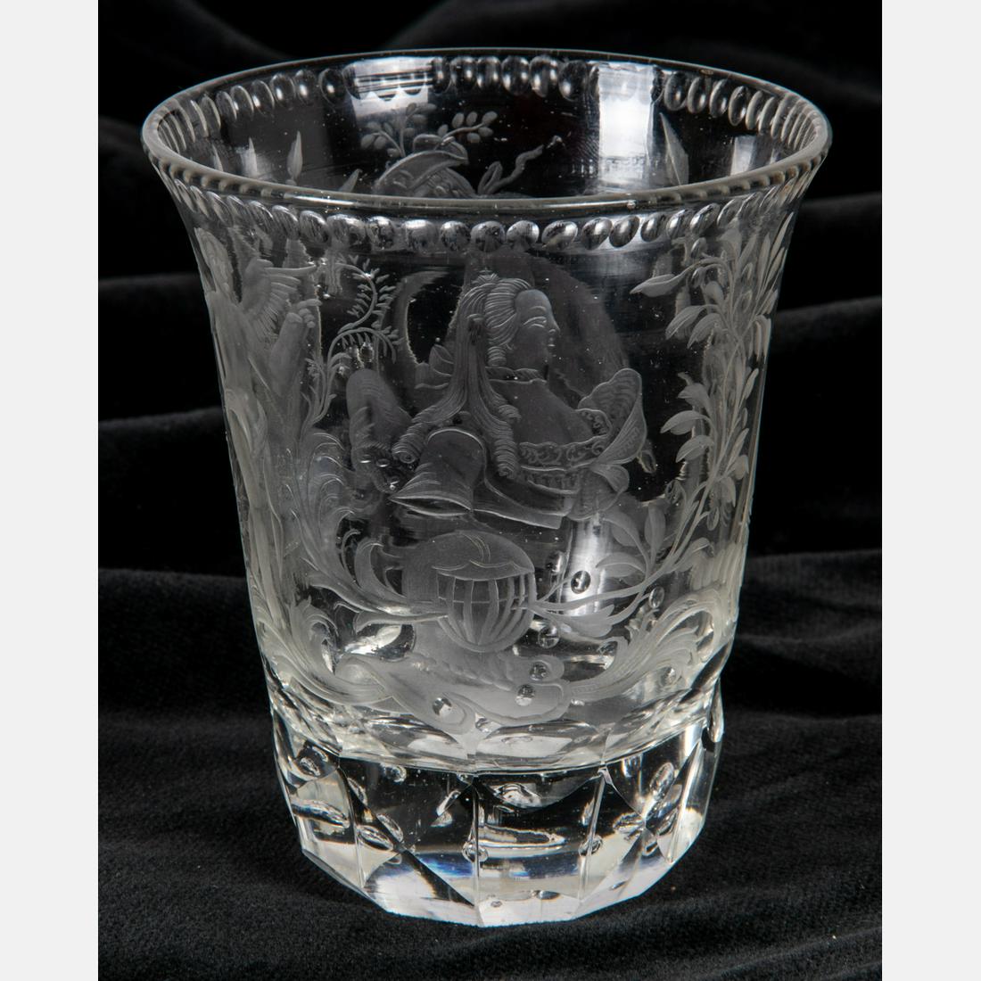 A Russian Etched Glass Tumbler.: A Russian Etched Glass Tumbler. H: 3 7/8 D: 3 3/8 in.