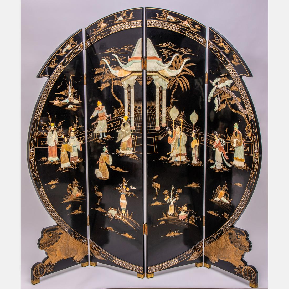 A Chinese Four Panel Floor Screen with Colored: A Chinese Lacquered Four Panel Floor Screen with Colored Soapstone Inlay, 20th Century. Panel dimensions: h: 72 x w: 17 1/2 in.