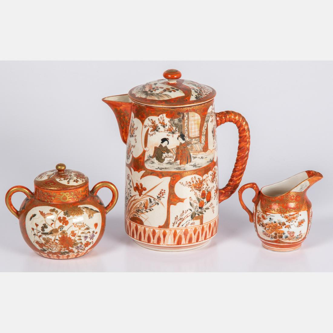 A Japanese Kutani Three Piece Coffee Set, Meiji Period.: A Japanese Kutani Porcelain Three Piece Coffee Set, Meiji Period. Largest dimension: h: 8 1/2 in.