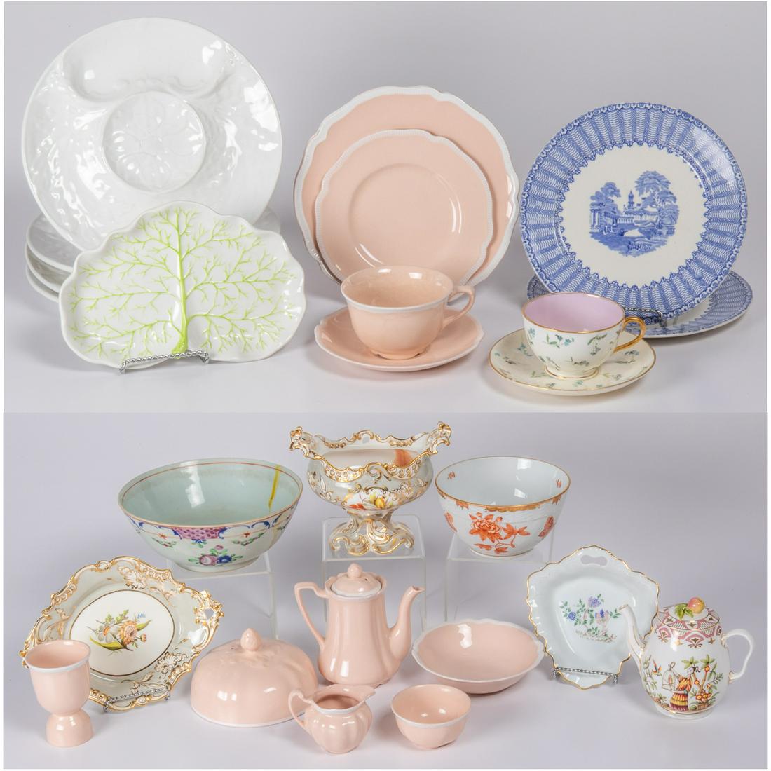 A Collection of Porcelain Serving Items,: A Miscellaneous Collection of Porcelain Serving Items by Various Makers, 20th Century, Including Herend, Limoges and Royal Worcester, as well as an old Staffordshire Johnson Brothers breakfast-in-bed 