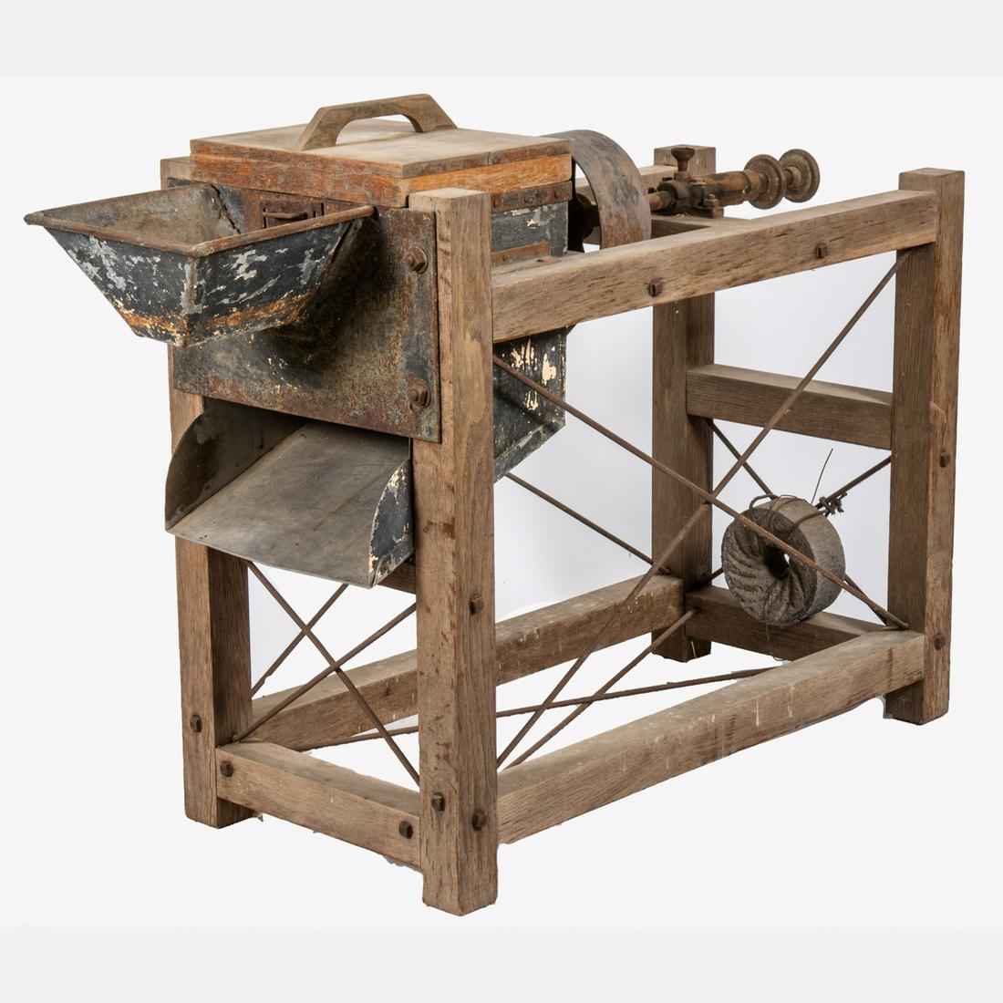 An Antique American Oak and Metal Grist Mill,: An Antique American Oak and Metal Grist Mill, Early 20th Century. H: 43 W: 60 D: 23 in. From the Cedar Point Collection with Certificate of Authenticity.