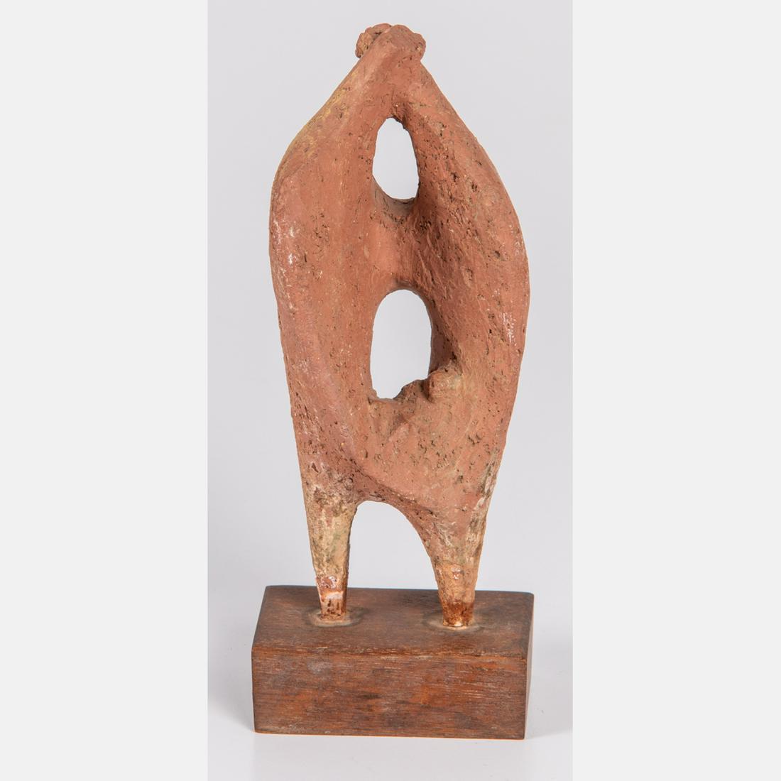 Helen Beling (American, 1914-2001) Family, Earthenware: Helen Beling (American, 1914-2001) Family, Earthenware maquette, Unsigned. On a wooden base. Measurements including base: H: 6 3/4 x W: 2 5/8 D: 2 1/8 in. H: 5 7/8 W: 2 1/2 D: 2 1/8 in. in.