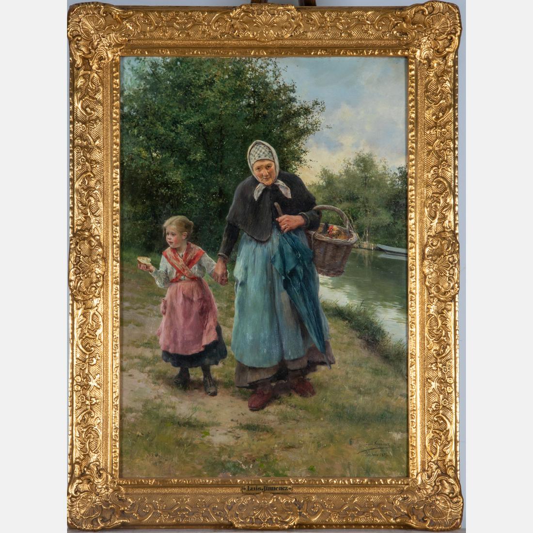 Luis Jimenez (SPAIN 1845-1928) Grandmother with: Luis Jimenez (SPAIN 1845-1928) Grandmother with Granddaughter on Shore, Oil on canvas, Signed lower right. Framed dimensions: H: 31 1/2 x W: 23 1/2 in. H: 24 1/8 W: 16 1/2 in.
