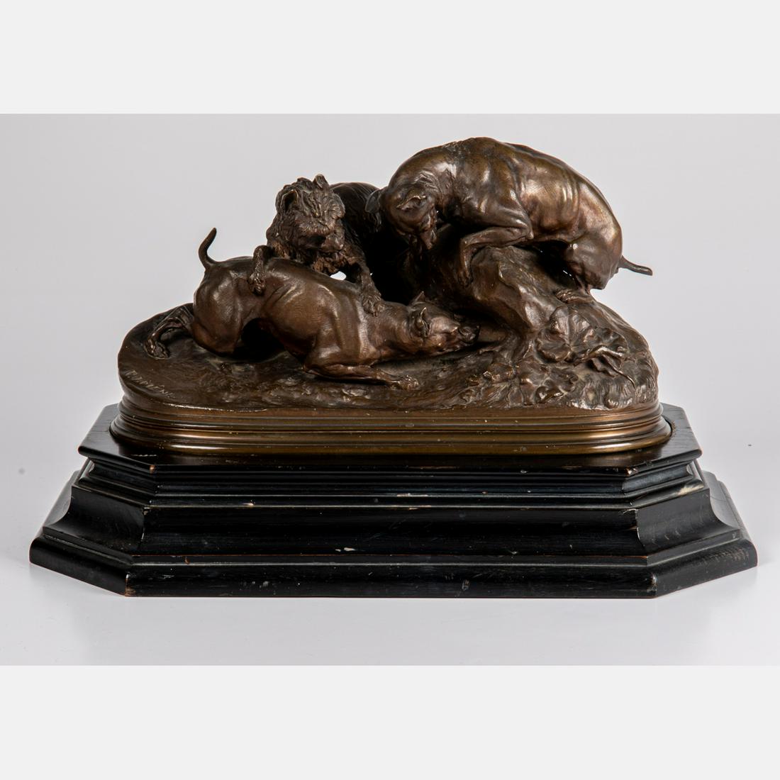 Pierre-Jules Mene (1810-1879) Three Dogs Ferreting,: Pierre-Jules Mene (1810-1879) Three Dogs Ferreting, Bronze. Dimensions with base: H: 10 3/4 x W: 18 3/4 x D: 11 5/8 in. H: 8 W: 14 1/2 D: 6 1/2 in.