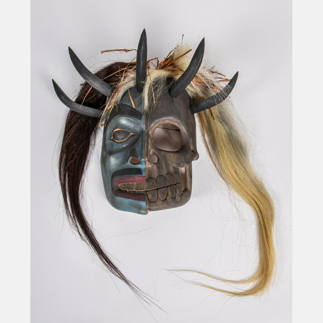 Francis Horne Sr. (Coast Salish, b.1954) Shaman Mask,: Francis Horne Sr. (Coast Salish, b.1954) Shaman Mask, Carved and painted alder wood, hide and horsehair, Signed in pencil on verso. H: 15 1/2 W: 19 1/4 D: 6 5/8 in.