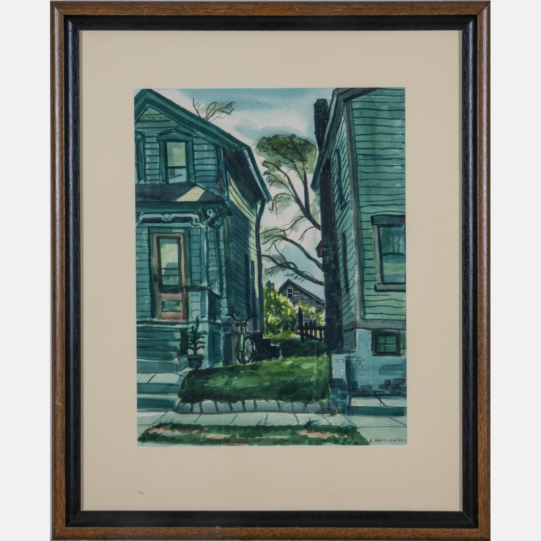 Richard Joseph Anuszkiewicz (American,1930-2020): Richard Joseph Anuszkiewicz (American,1930-2020)Houses,Watercolor,Signed lower right.Framed dimensions: H: 27 5/8 x W: 22 5/8 in. H: 25 W: 19 5/8 in.