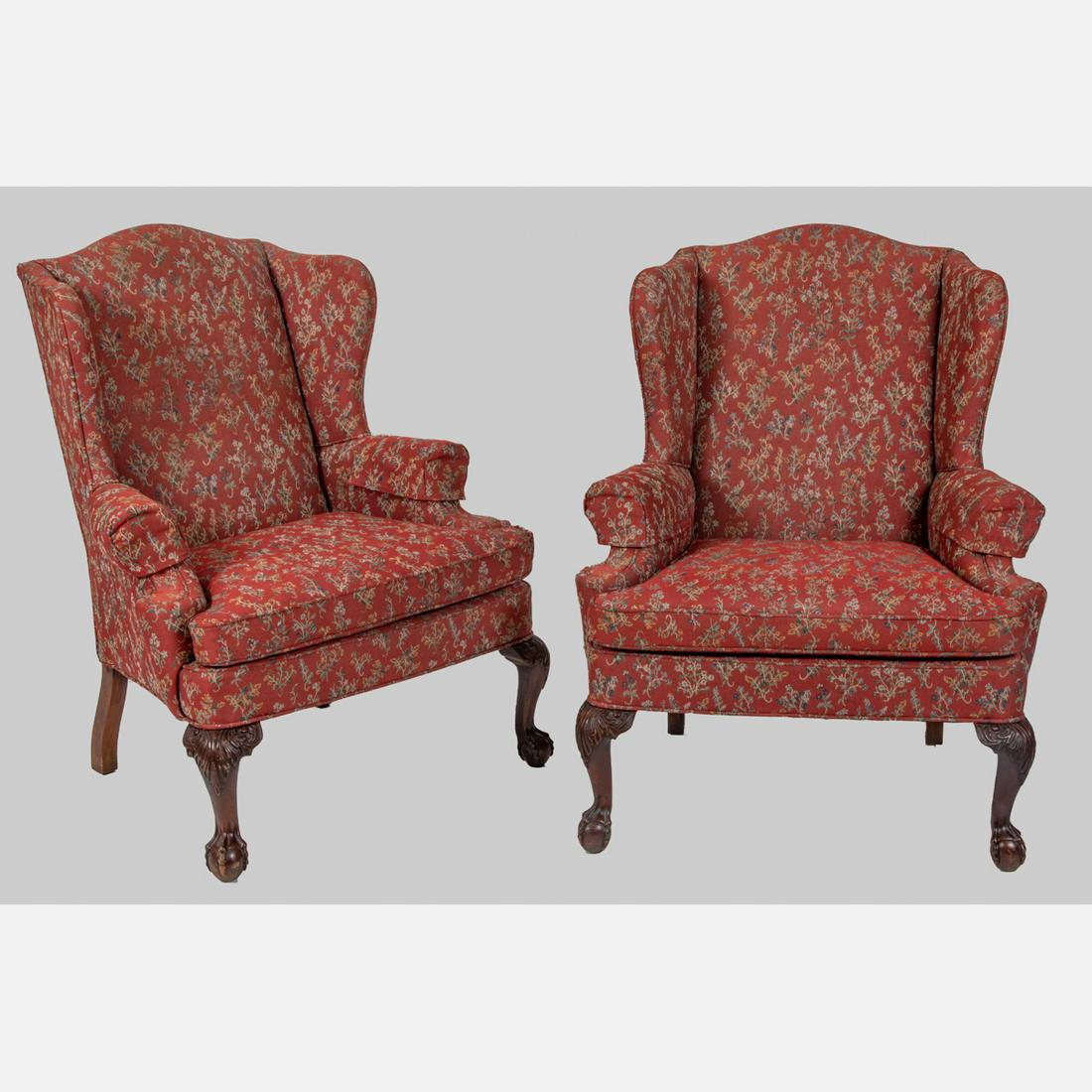 A Pair of Chippendale Style Mahogany Wingback Chairs,: A Pair of Chippendale Style Mahogany Wingback Chairs, 20th Century.H: 42 3/8 W: 34 1/2 D: 29 in.