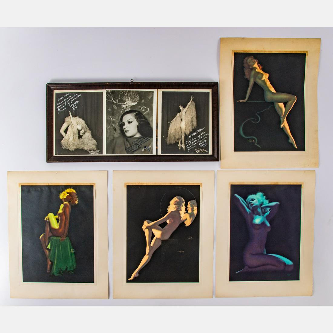 A Four Figures Box Set of Earl Moran (1893-1984) Nude: A Four Figures Box Set of Earl Moran (1893-1984) Nude Pin Up Girls in Original Box, Together with three autograph photographs depicting exotic dancers from Cleveland, Ohio, ca. 1940-50's.Matte size: H