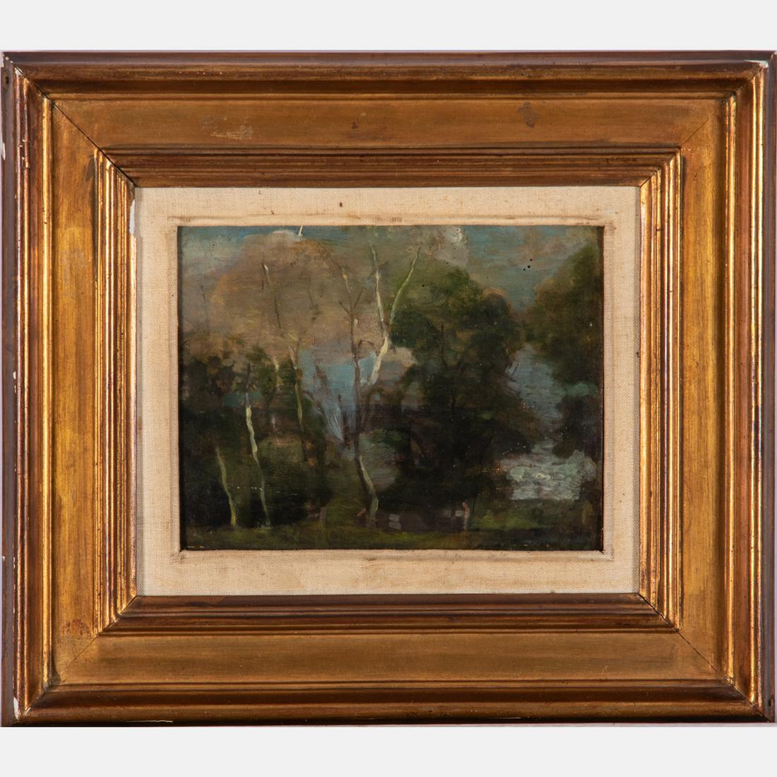 Elisha Kent Kane Wetherill (1874-1929) Landscape, Oil: Elisha Kent Kane Wetherill (American, 1874-1929) Landscape,Oil on board,Titled and signed on verso. Paris, July 1902.Framed dimensions: H: 14 x W: 16 in.H: 7 3/4 W: 9 1/8 in.