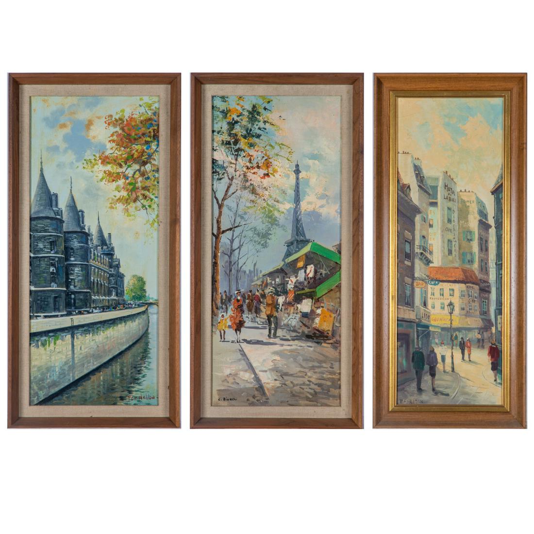 A Group of Three Parisian Street Scenes by Various: A Group of Three Parisian Street Scenes by Various Artists, 20th Century,Including Mario Ferdelba (1897-1971), Bahman (20th Century) and C. Bianchi (20th Century). Each signed lower left or lower righ