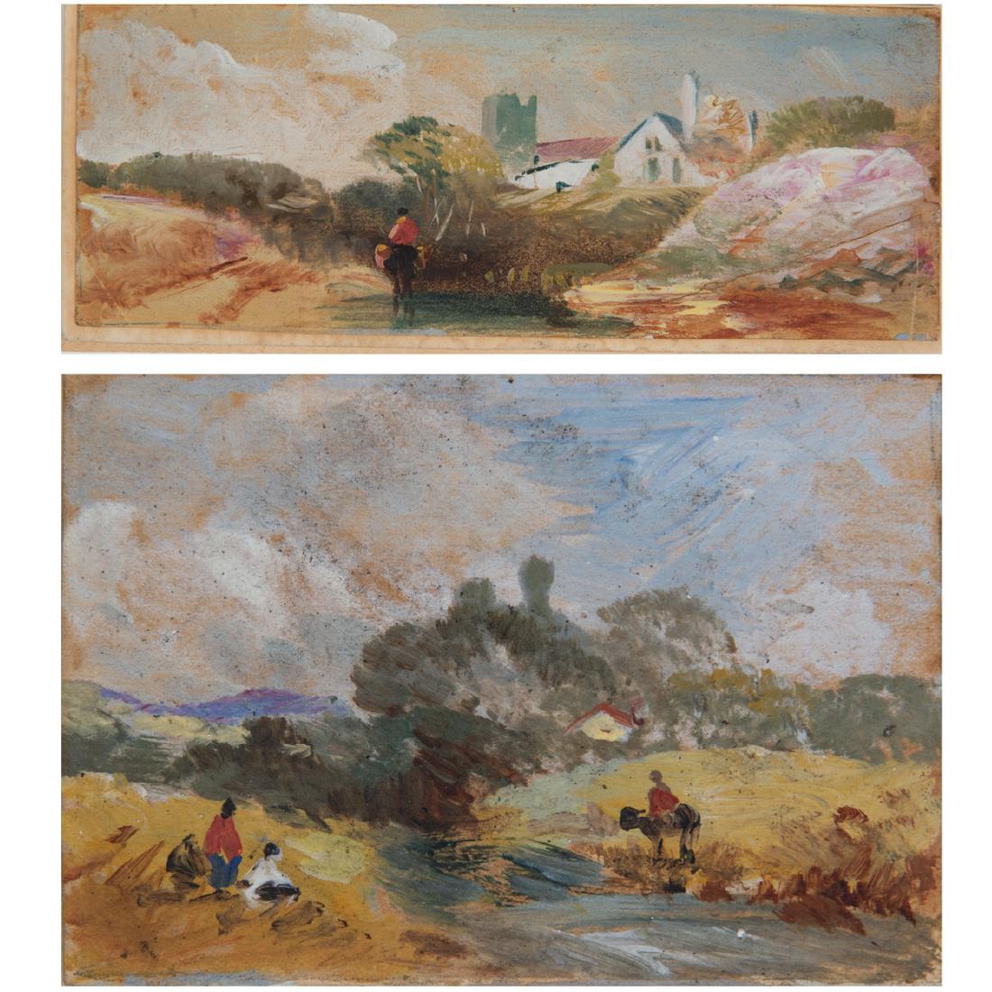 Two William James Muller (1812-1845) Gouaches, Titled: Two William James Muller (English, 1812-1845) Gouaches, Titled By a Stream and Ford Near A Village,Unsigned.Largest dimensions: H: 2 /38 x W: 6 in.The Fine Art Society LTD., London. Both with original