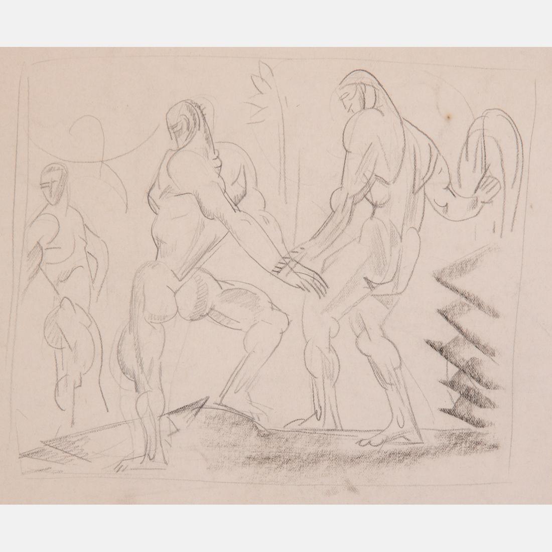 William Sommer (American, 1867-1949) Three Figures, ca.: William Sommer (American, 1867-1949)Three Figures, ca. 1927,Graphite drawing,Unsigned.H: 8 3/8 W: 14 5/8 in.From the collection of the artist Joseph Eudelac.