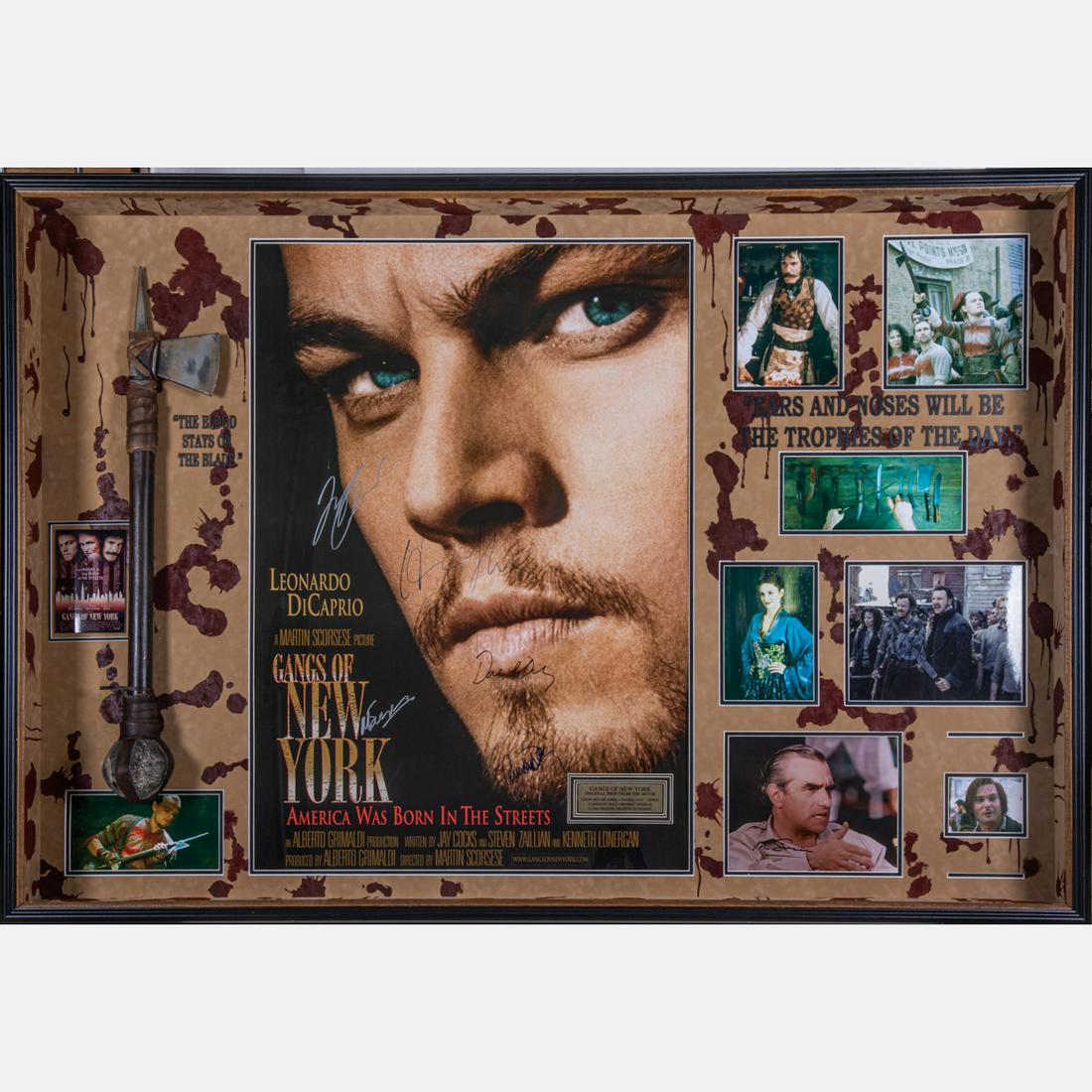 A Gangs of New York Movie Poster, Autographed by: A Gangs of New York Movie Poster, Autographed by Leonardo DiCaprio, Daniel Day-Lewis, Cameron Diaz, Henry Thomas and Martin Scorsese,Framed in a shadow box together with signatures from Liam Neeson an